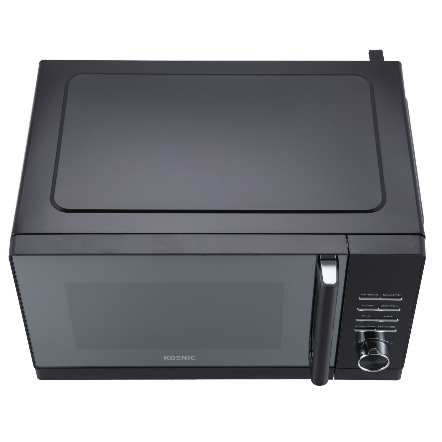 Black microwave oven. Top view. Contains a door, control panel, and a handle.