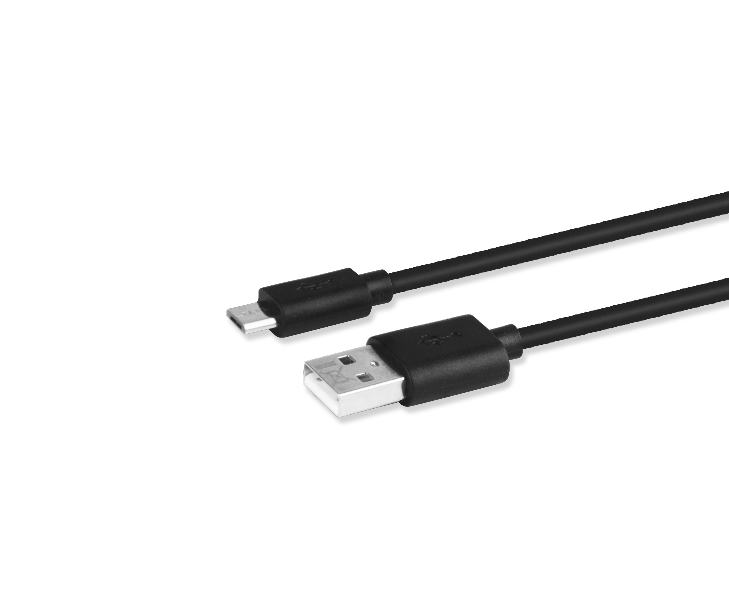 Schwarzes USB-zu-Micro-USB-Kabel. Weißer Hintergrund. Nahaufnahme der Anschlüsse.