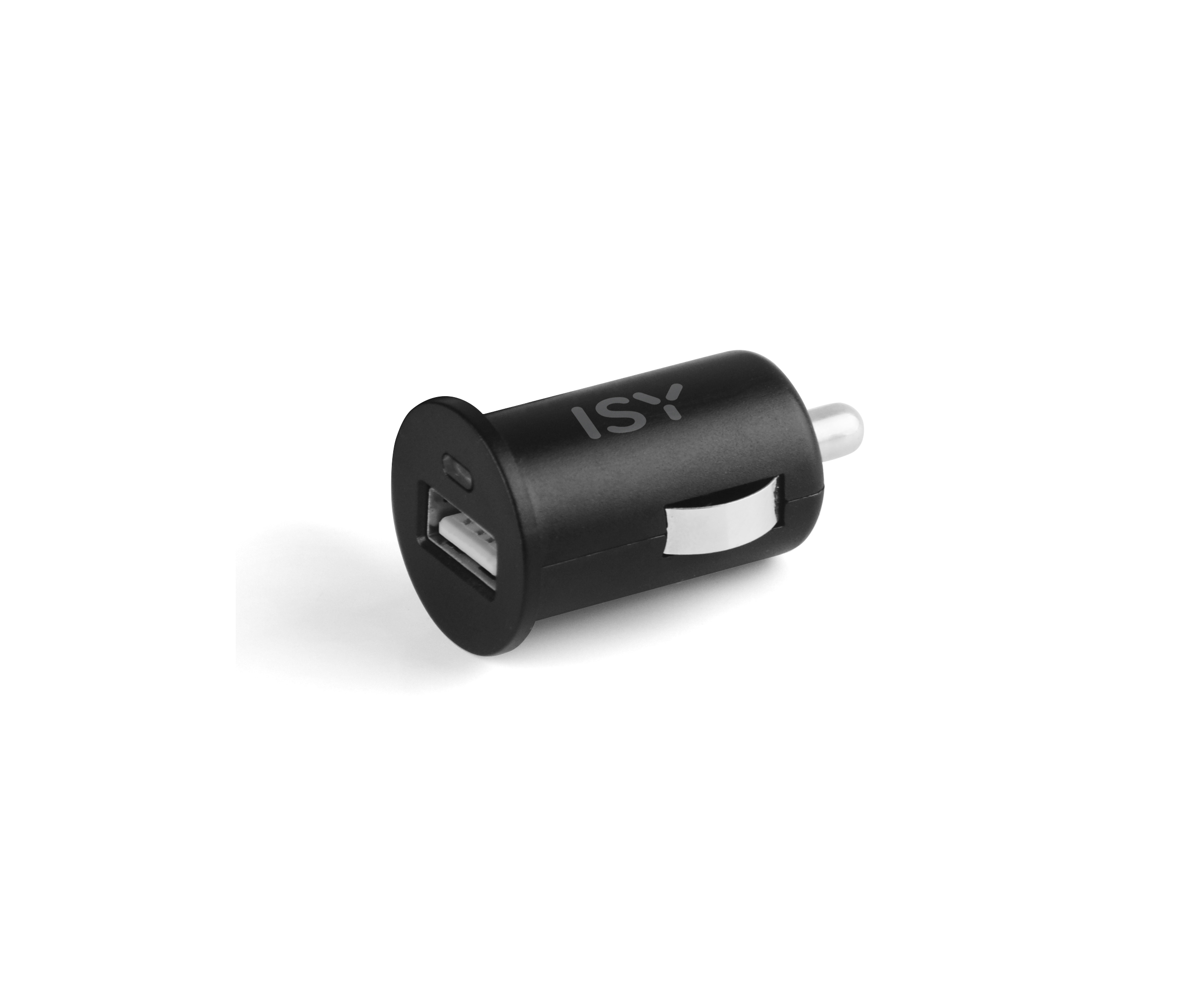 Schwarzes ISY USB-Autoladegerät. Es hat einen USB-Anschluss und ein silbernes Metallteil.