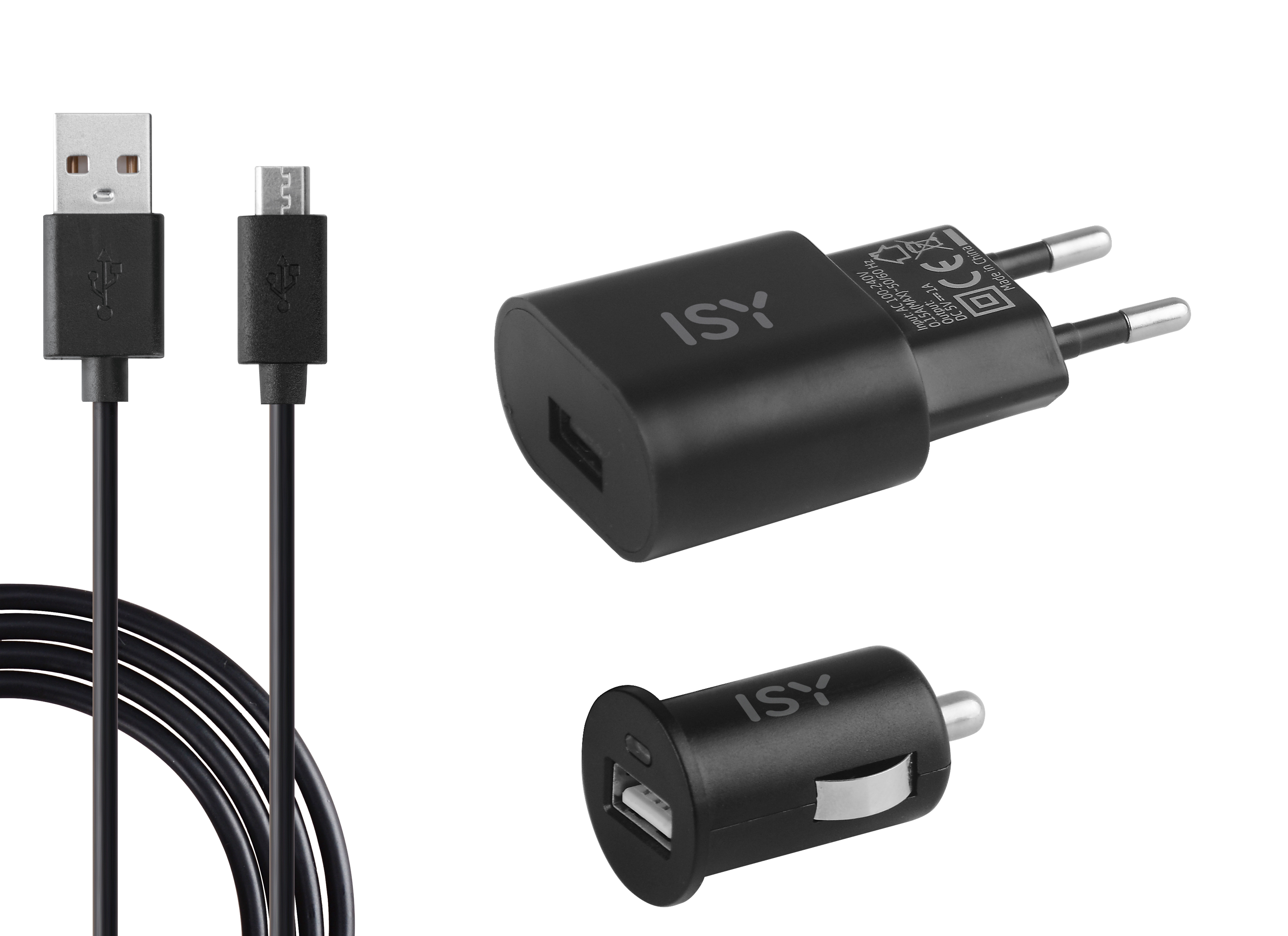 Ein Ladegerät, ein Kabel und ein Autoladegerät auf weißem Hintergrund.