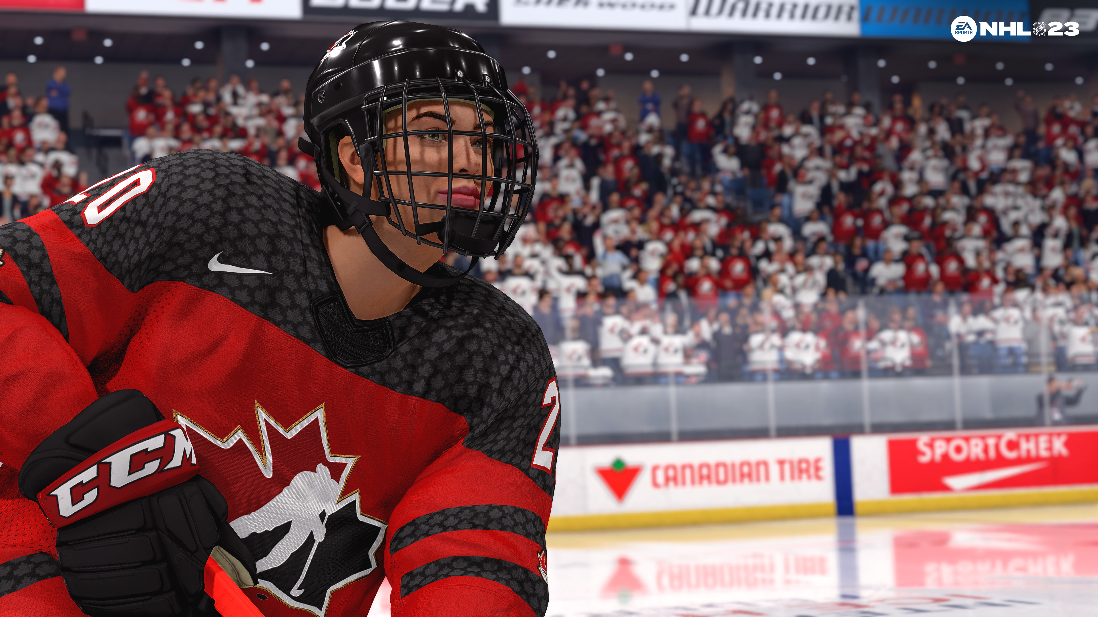 Ein Hockeyspieler in einem roten Trikot, mit schwarzem Helm und dem NHL23-Logo.