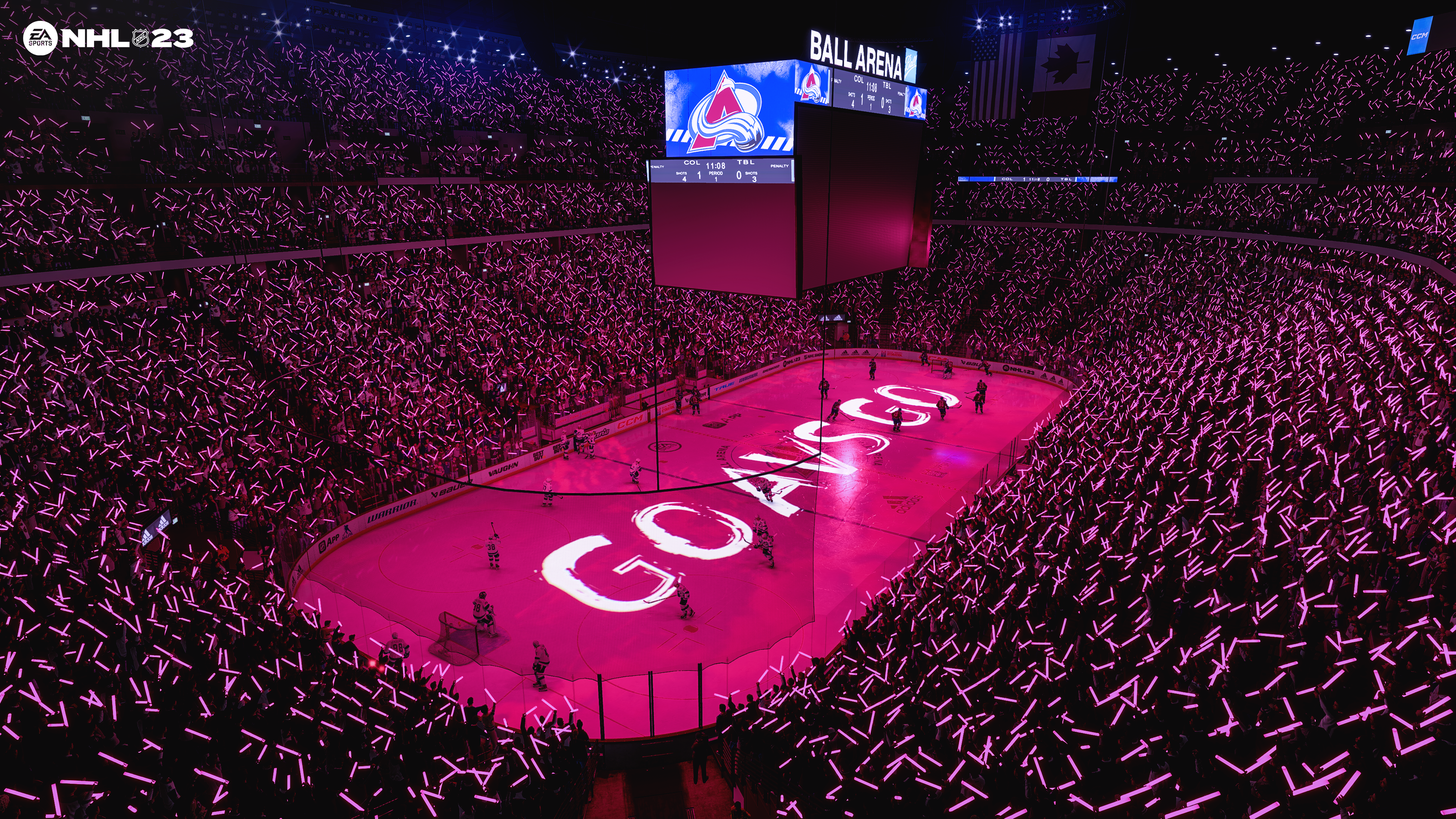 Eishockeyspiel in Stadion mit 'GO AVS GO' auf Eis, Neonlicht und Publikum.