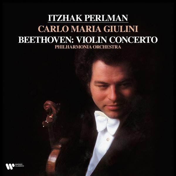 Album borító: Itzhak Perlman, Carlo Maria Giulini, Beethoven Hegedűverseny. Egy szmokingos férfi hegedűvel, sötét háttérrel.
