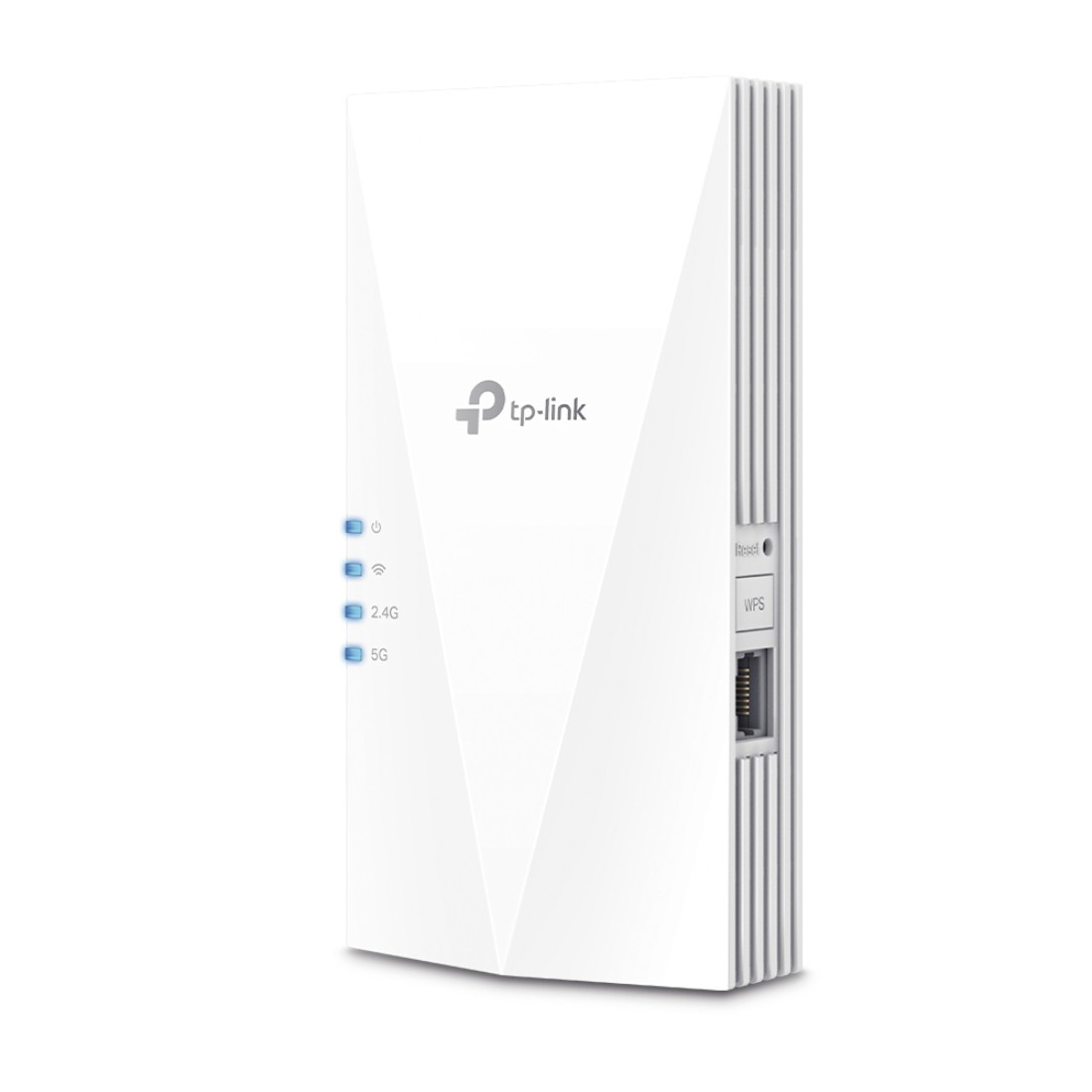 Weißer TP-Link WLAN-Extender. Verfügt über Lichter, Tasten und Anschlüsse. Weißer Hintergrund.