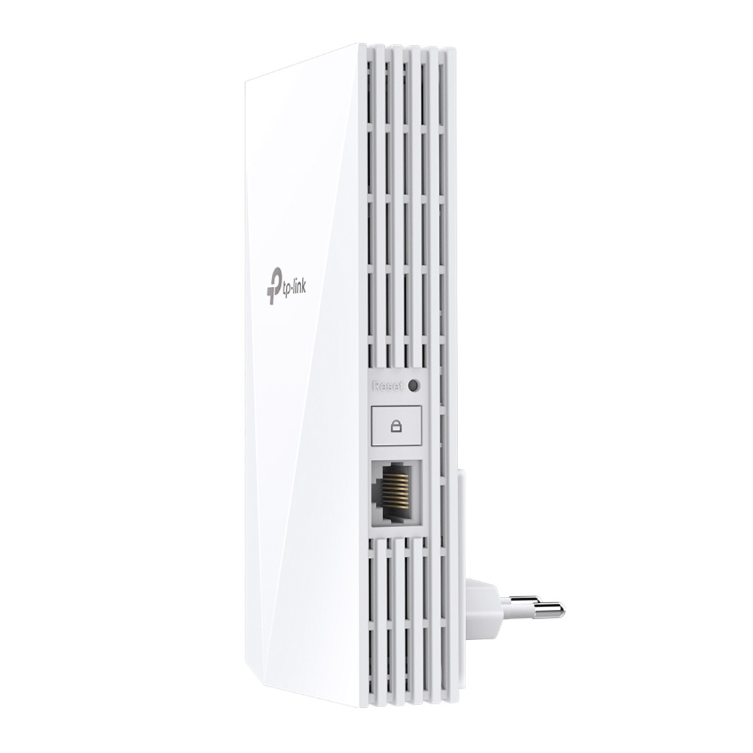 Weißer TP-Link WLAN-Repeater, Seitenansicht, mit Stecker.