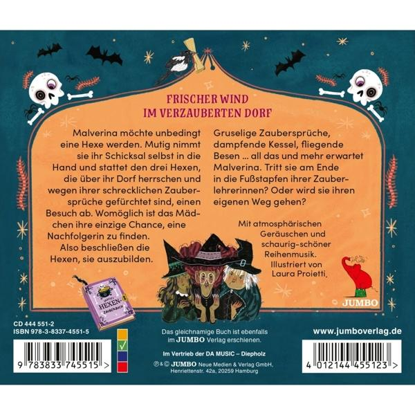 Rückseite eines Kinderbuchs mit Illustrationen von Hexen und Text, und einem JUMBO-Logo.