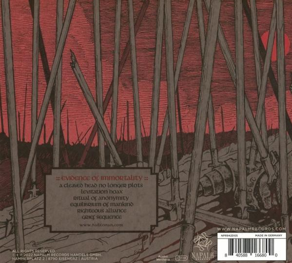 Albumcover-Art. Roter Hintergrund, weißer Text und Illustrationen.