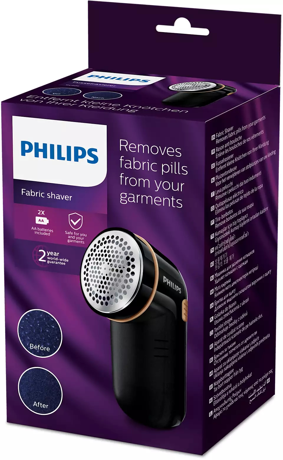Philips Stoffrasierer-Box mit Rasierer und Stoffmustern.