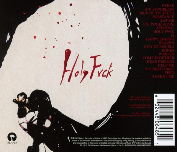Albumcover mit rotem 'Holy Fvck'-Text. Der Hintergrund zeigt eine Person in dunkler Kleidung.