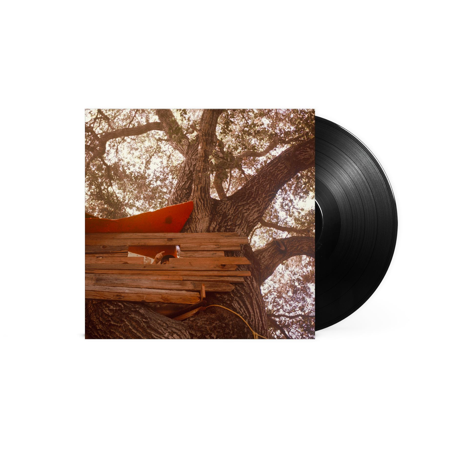 Ein Albumcover mit einer Vinyl-Schallplatte und einer Baumhaus-Szene.