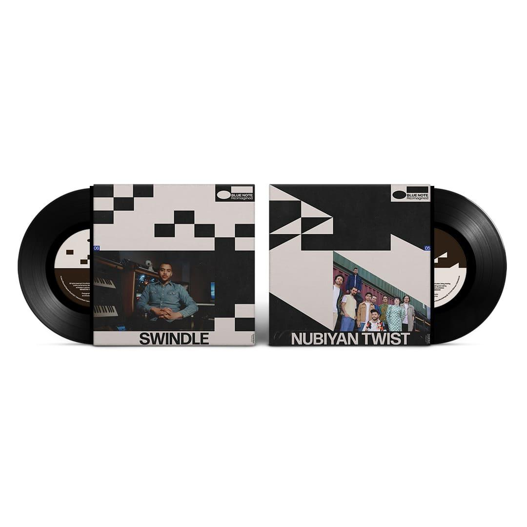 Zwei Vinyl-Schallplattenhüllen mit Album-Artwork und Text.
