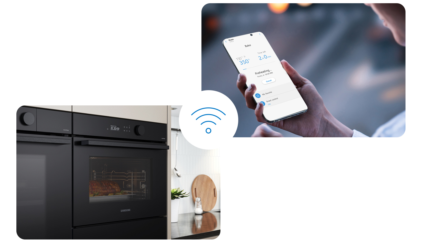 Zwarte oven met gebraden gerecht, telefoon met bakinstellingen en wifi-pictogram.