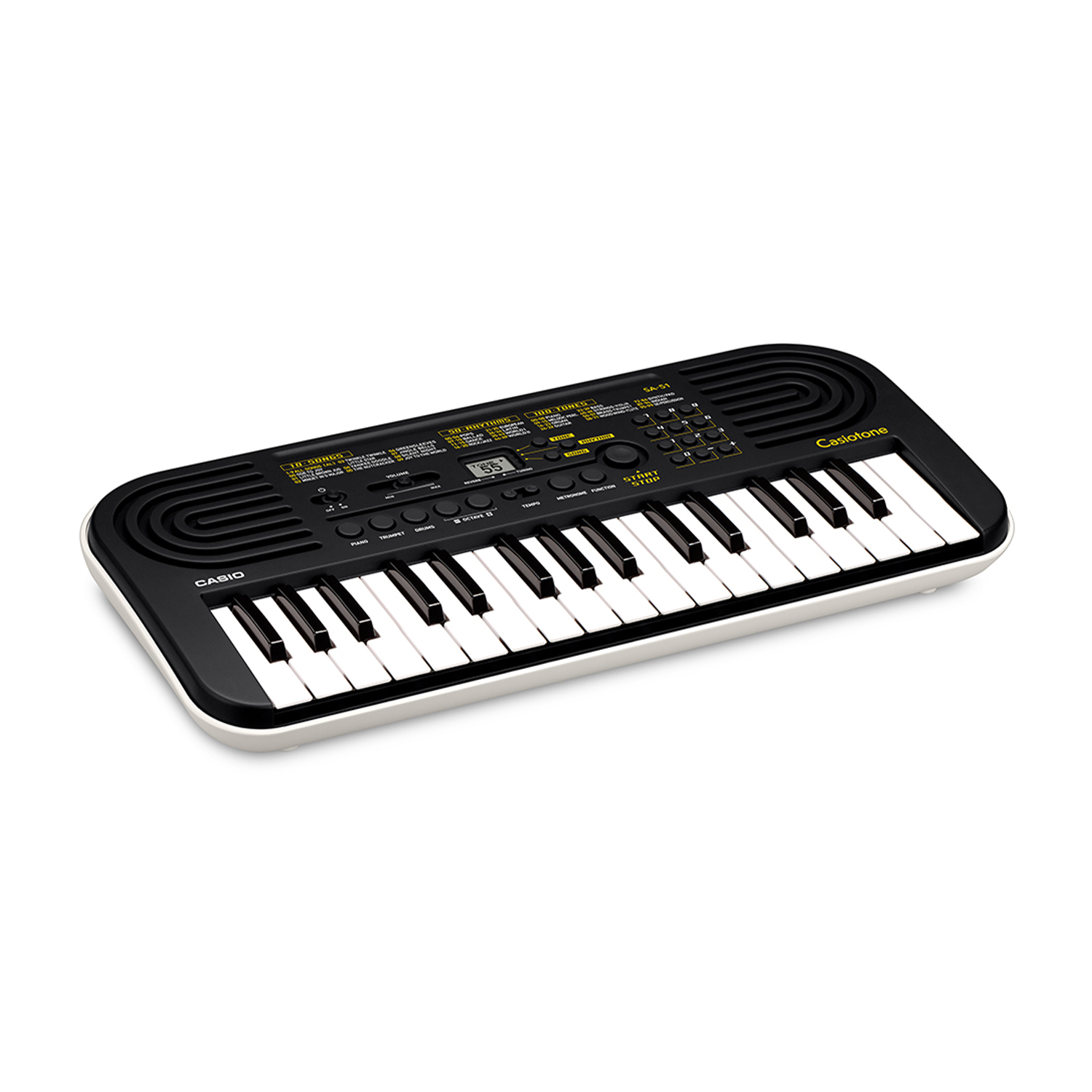Tastiera Casio, design bianco e nero, vista dall'alto.