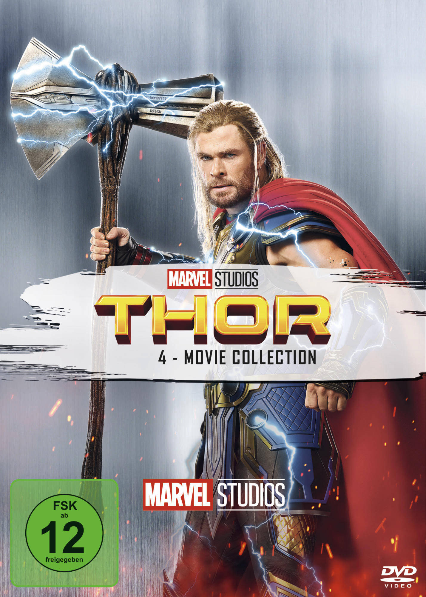 Thor-Filmkollektion DVD-Cover. Thor hält einen Hammer, Blitz schlägt ein. Chris Hemsworth ist abgebildet.