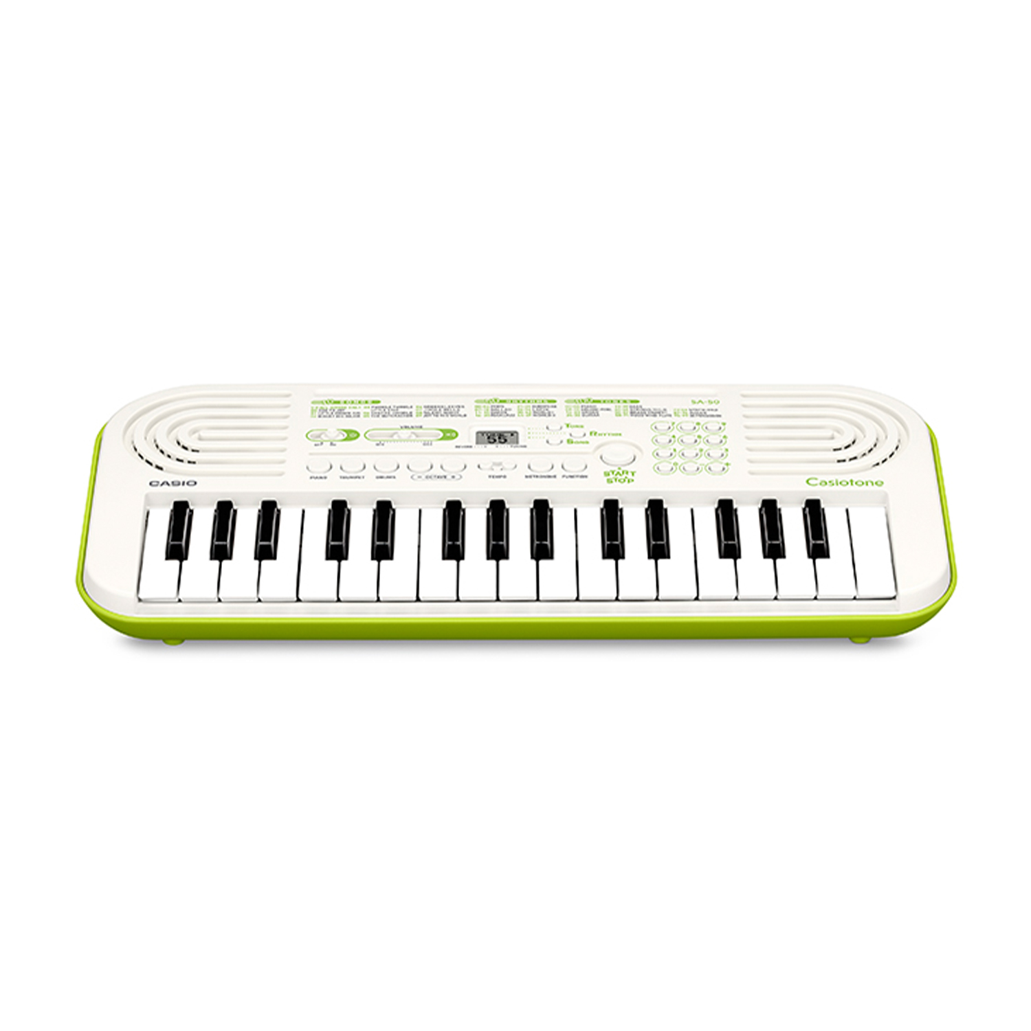 Una tastiera Casio bianca e verde con tasti neri, isolata su sfondo bianco.