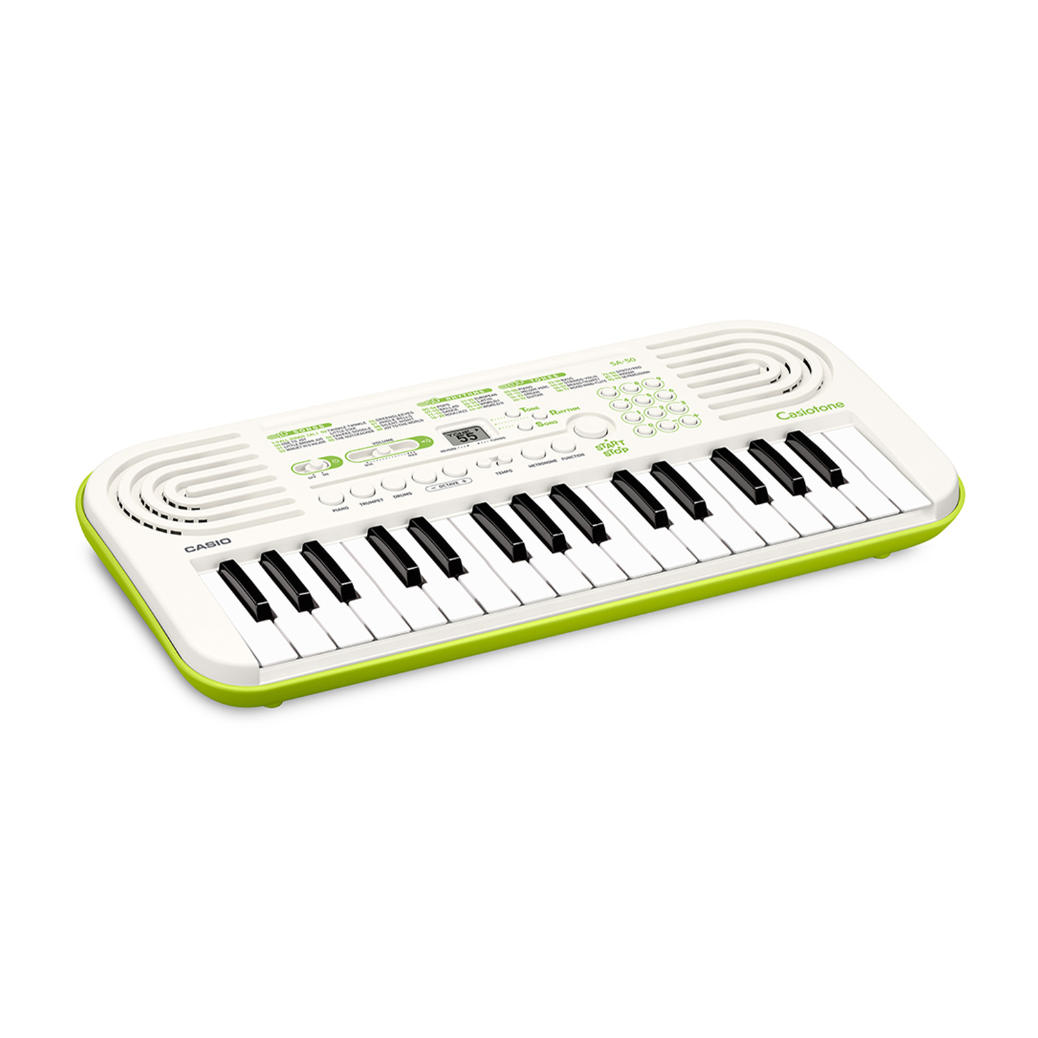 Una tastiera Casio, bianca e verde, con tasti neri, su sfondo bianco.
