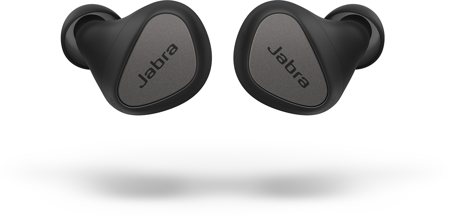 Twee zwarte Jabra oordopjes met het Jabra logo. Ze zweven in de lucht.