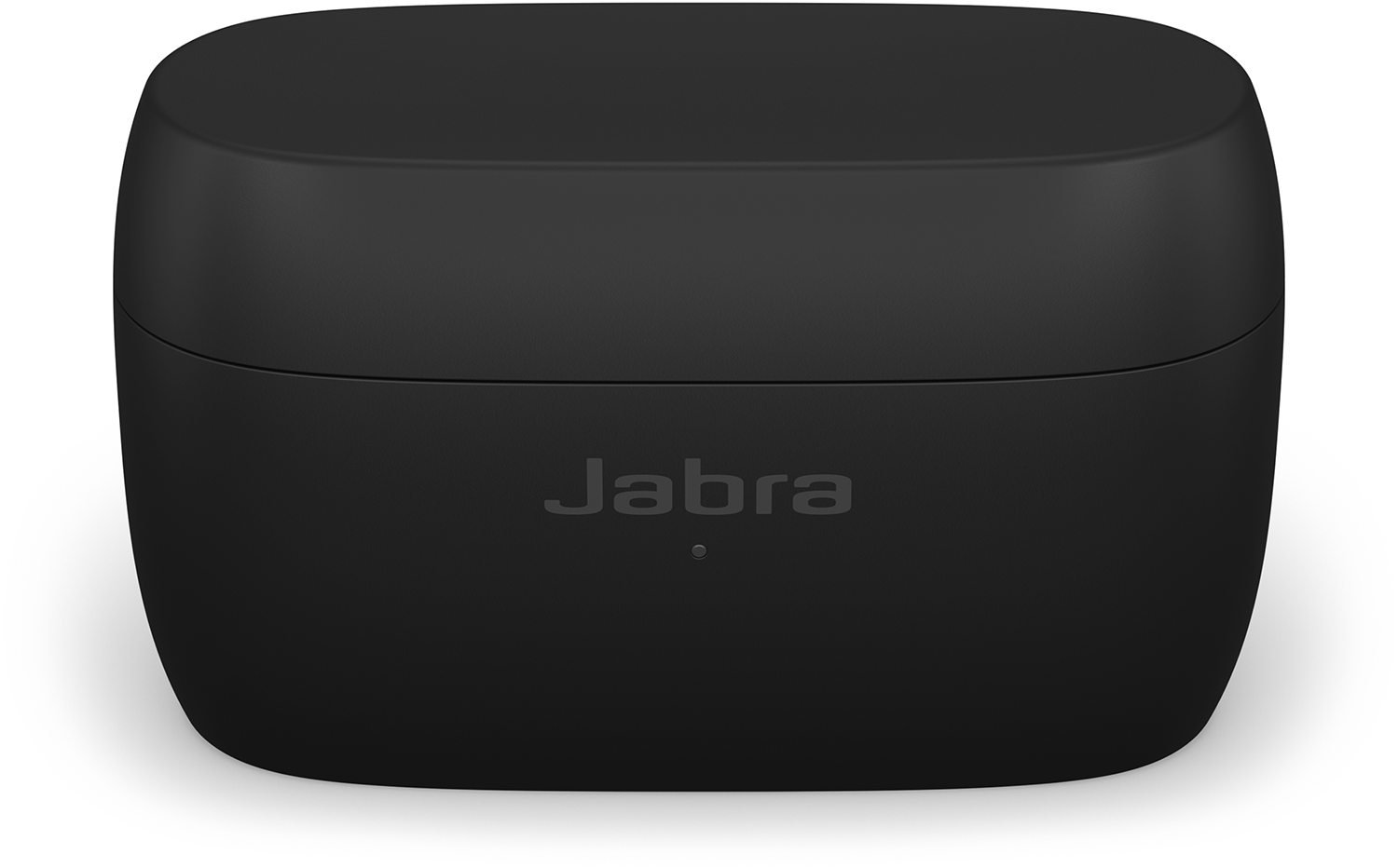 Zwarte Jabra oplaadcase. De merknaam staat op de voorkant. Witte achtergrond.