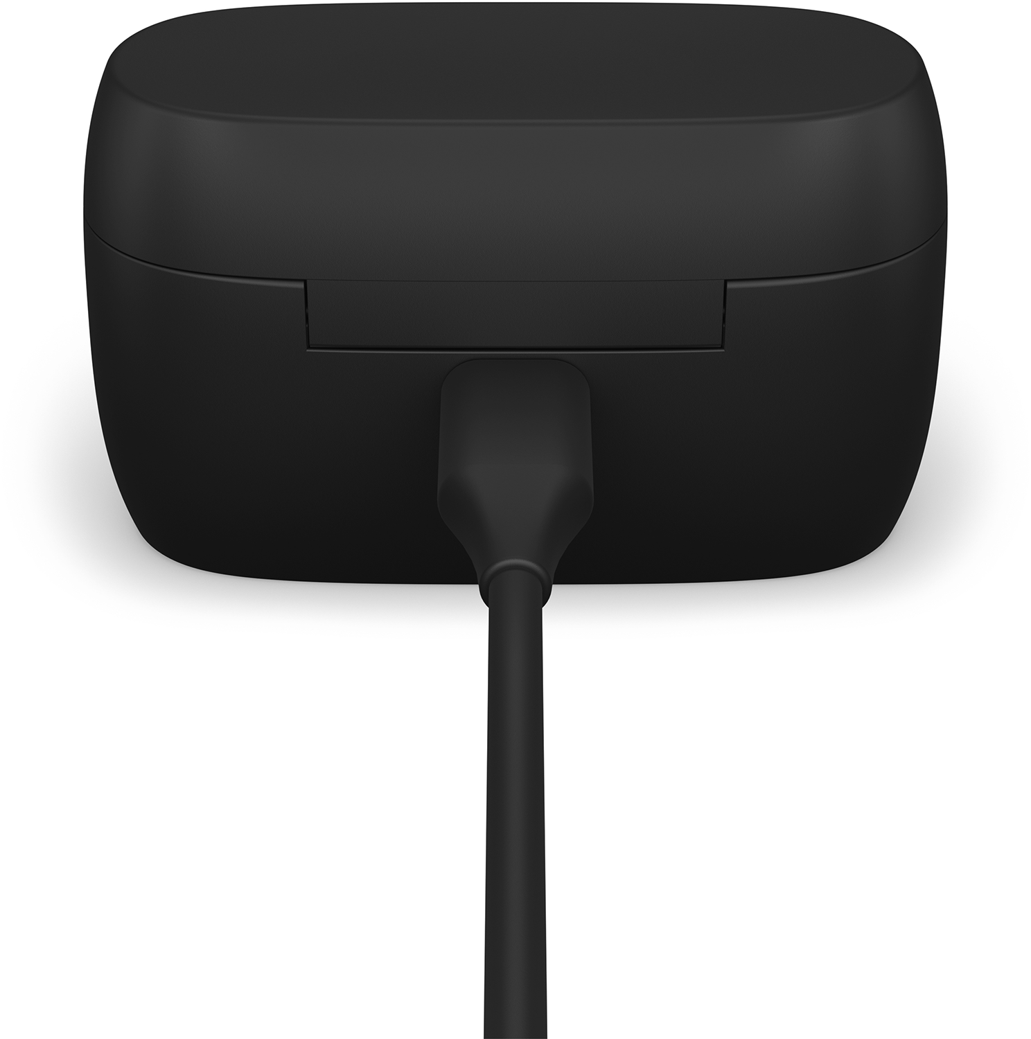 Zwarte oplaadcase met een kabel erin. Witte achtergrond.