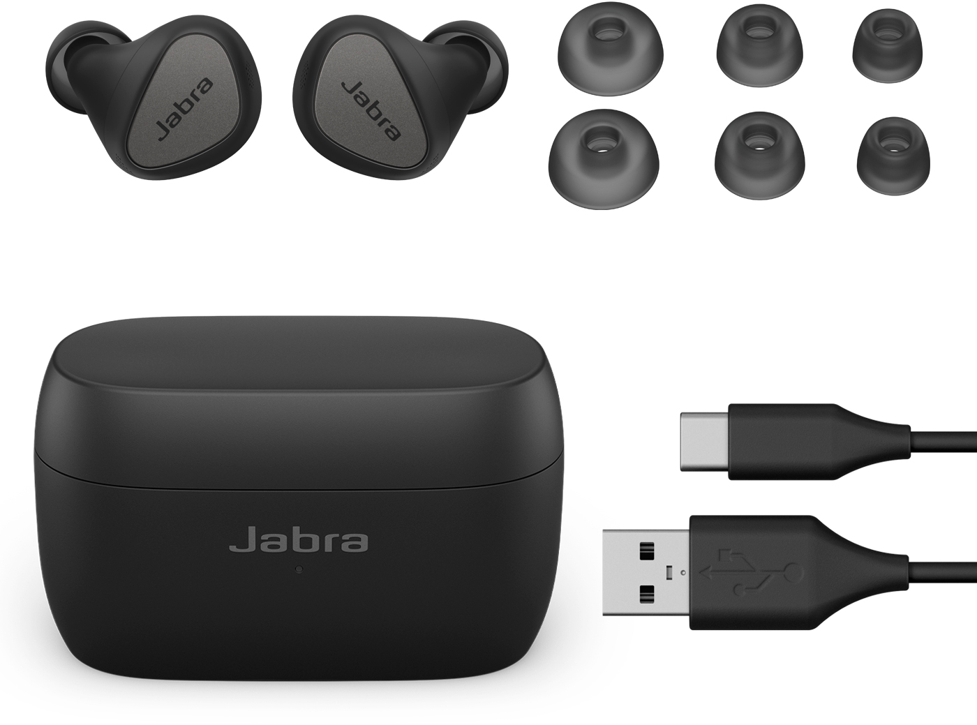 Zwarte oordopjes, oplaadcase, oorstukjes, USB-C en USB kabel.