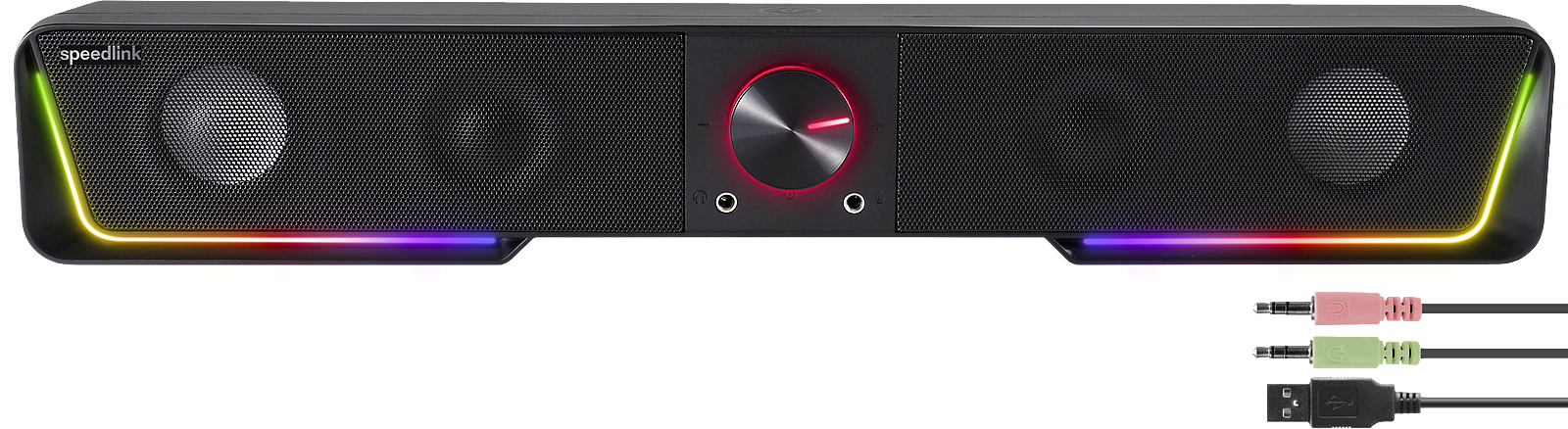 Eine schwarze Soundbar mit Lautsprechern, einem Lautstärkeregler und bunten LED-Leuchten, mit drei Audiokabeln.