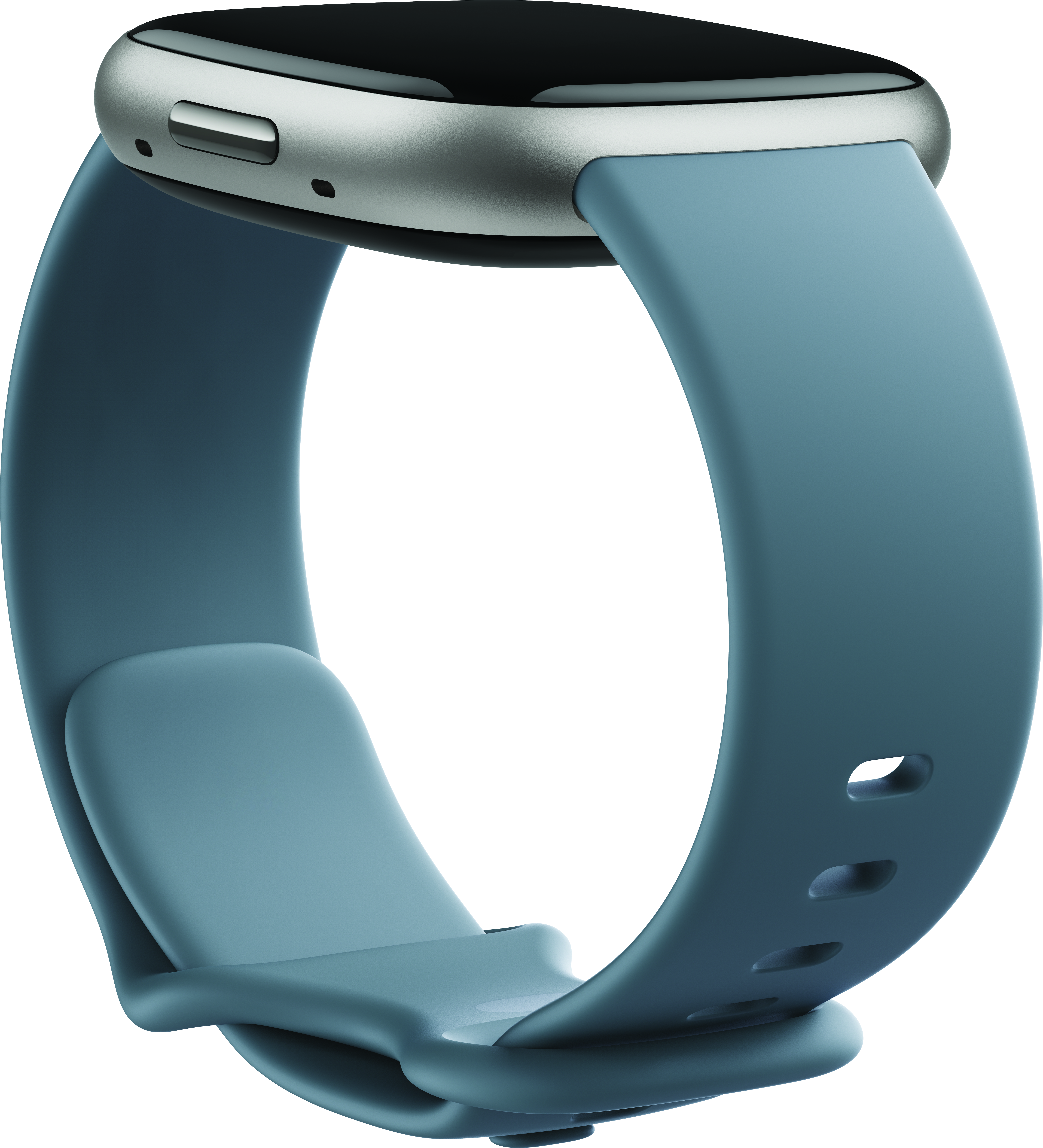 Smartwatch blu con cinturino blu. L'orologio è angolato verso lo spettatore.