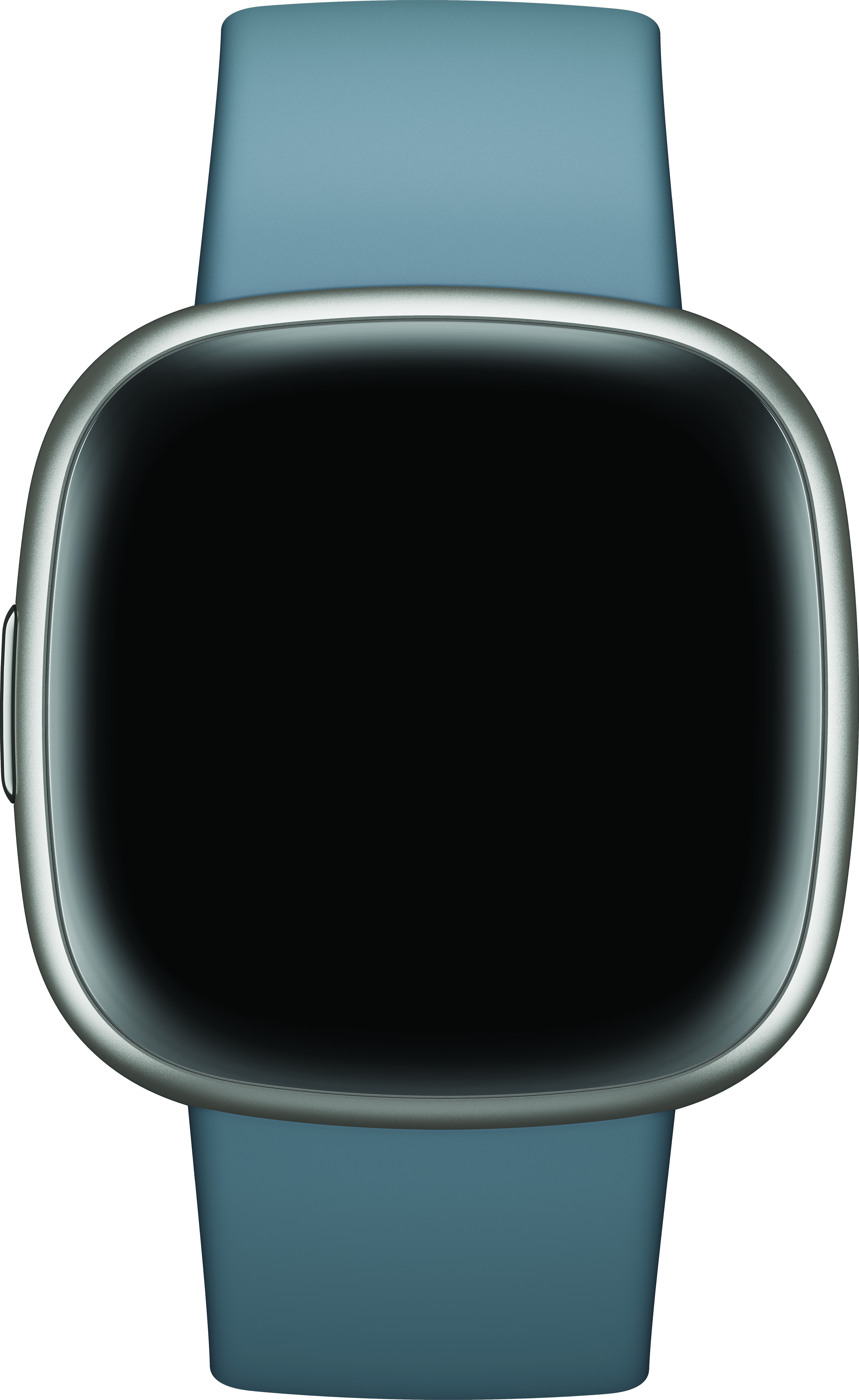Uno smartwatch blu con schermo nero e cornice argentata. L'orologio ha un cinturino blu.