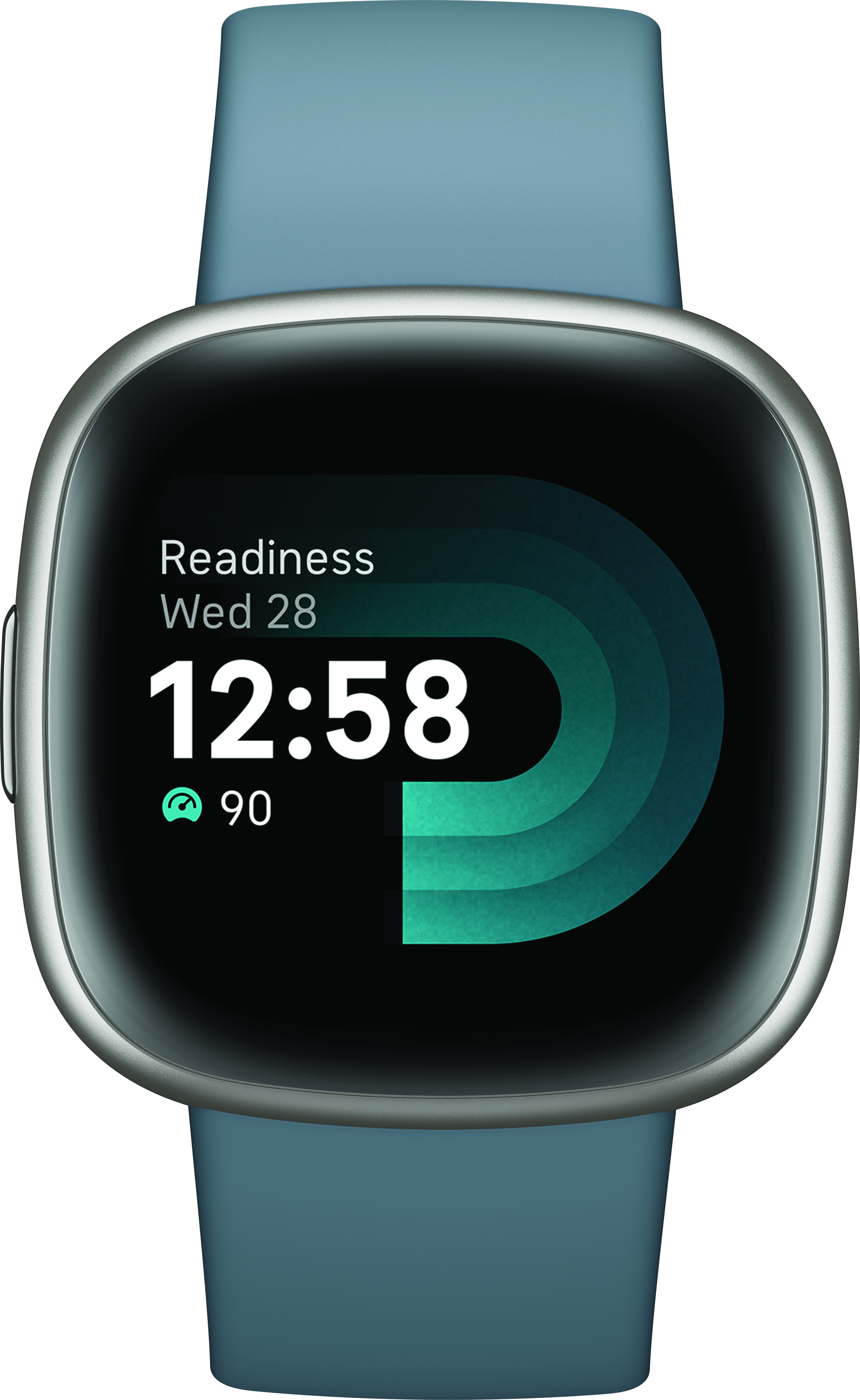 Uno smartwatch blu con schermo nero che mostra ora, prontezza e frequenza cardiaca.
