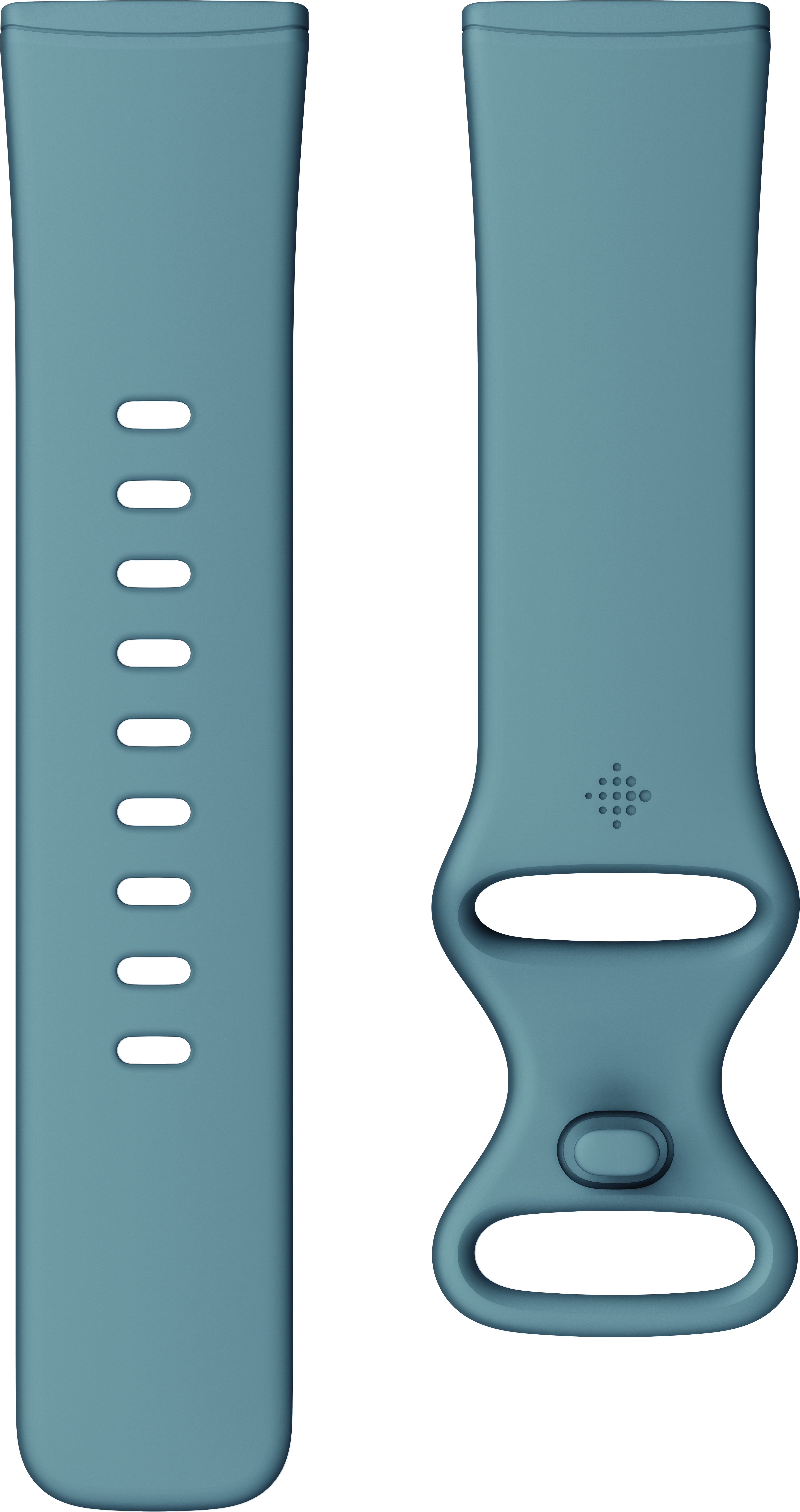 Due cinturini Fitbit color turchese affiancati, che mostrano i dettagli dei perni e dei fori.