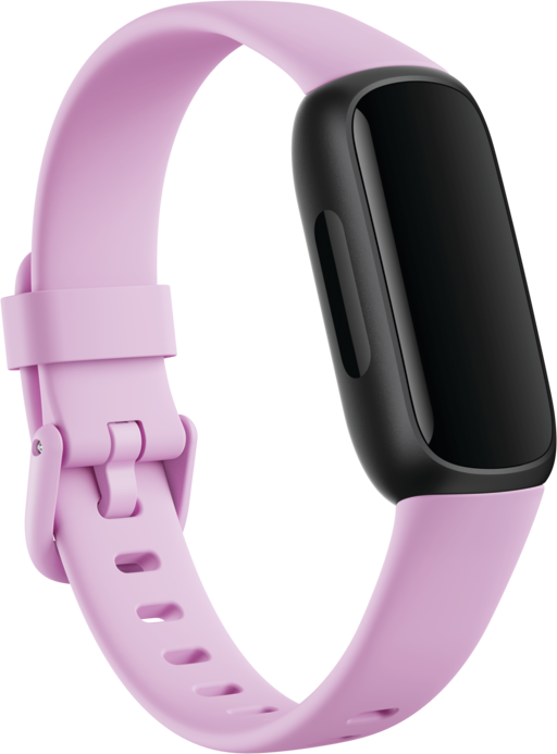Un tracker de fitness Fitbit rose avec écran et bracelet noirs.