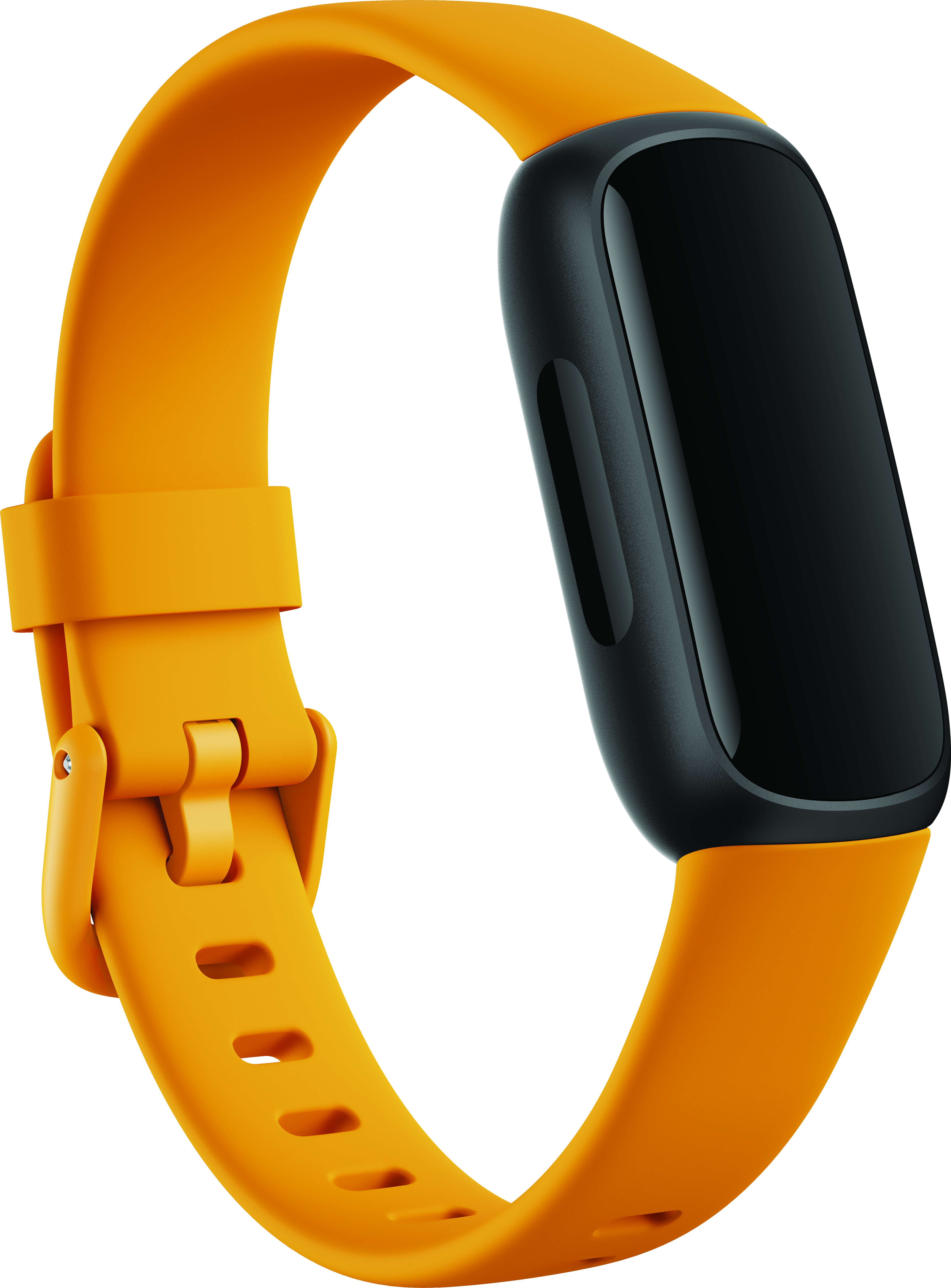 Fitbit Inspire 3 orange et noir. Montre les détails de l'écran et de la fermeture.
