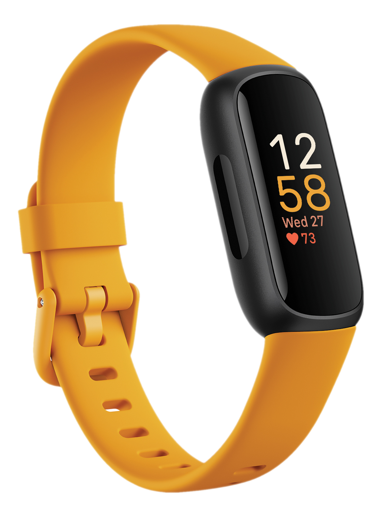 Un tracker de fitness avec un bracelet orange et un écran noir affichant l'heure, la date et la fréquence cardiaque.