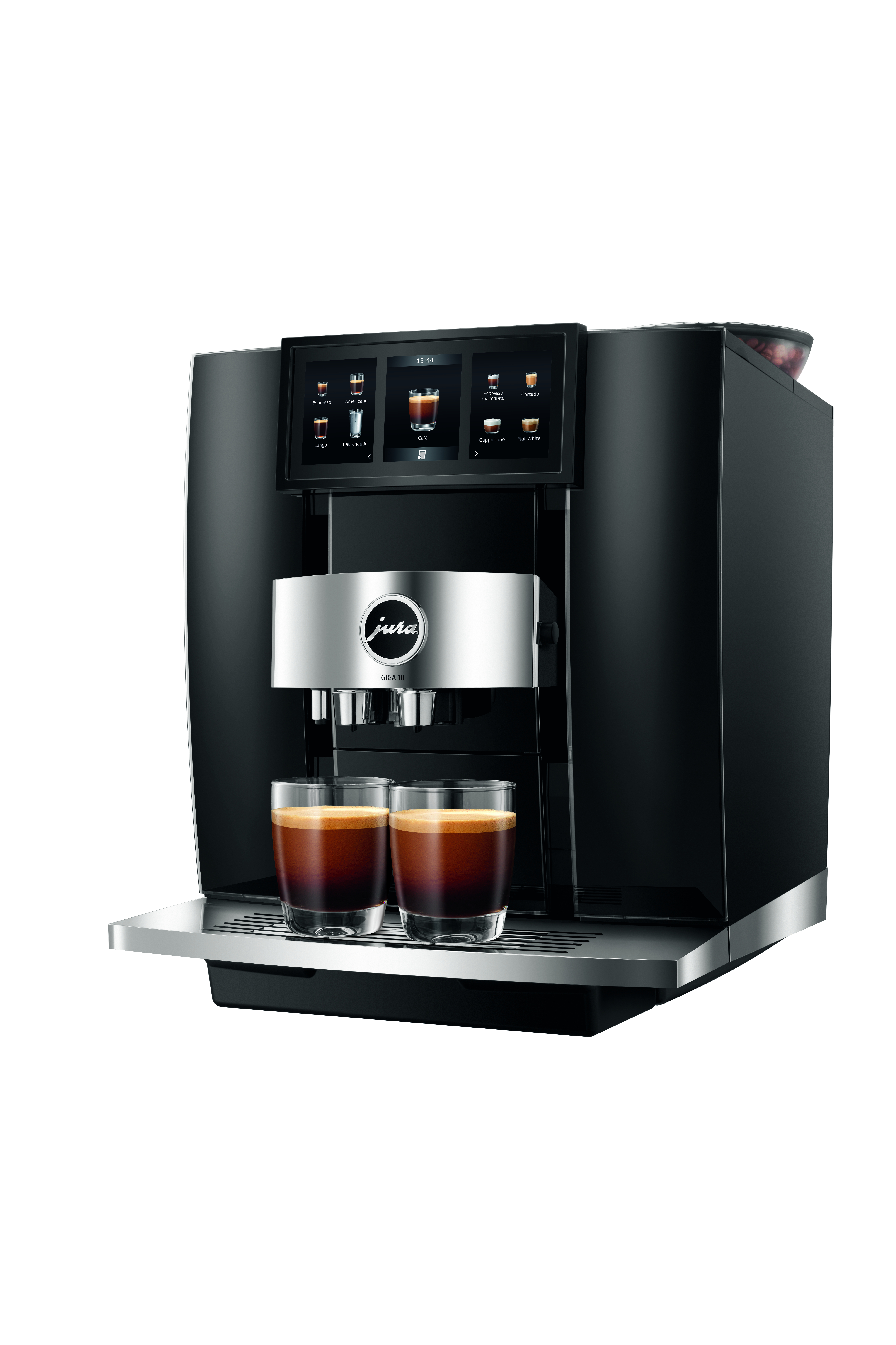 Schwarze Kaffeemaschine mit Touchscreen. Zwei Tassen Kaffee sind sichtbar.