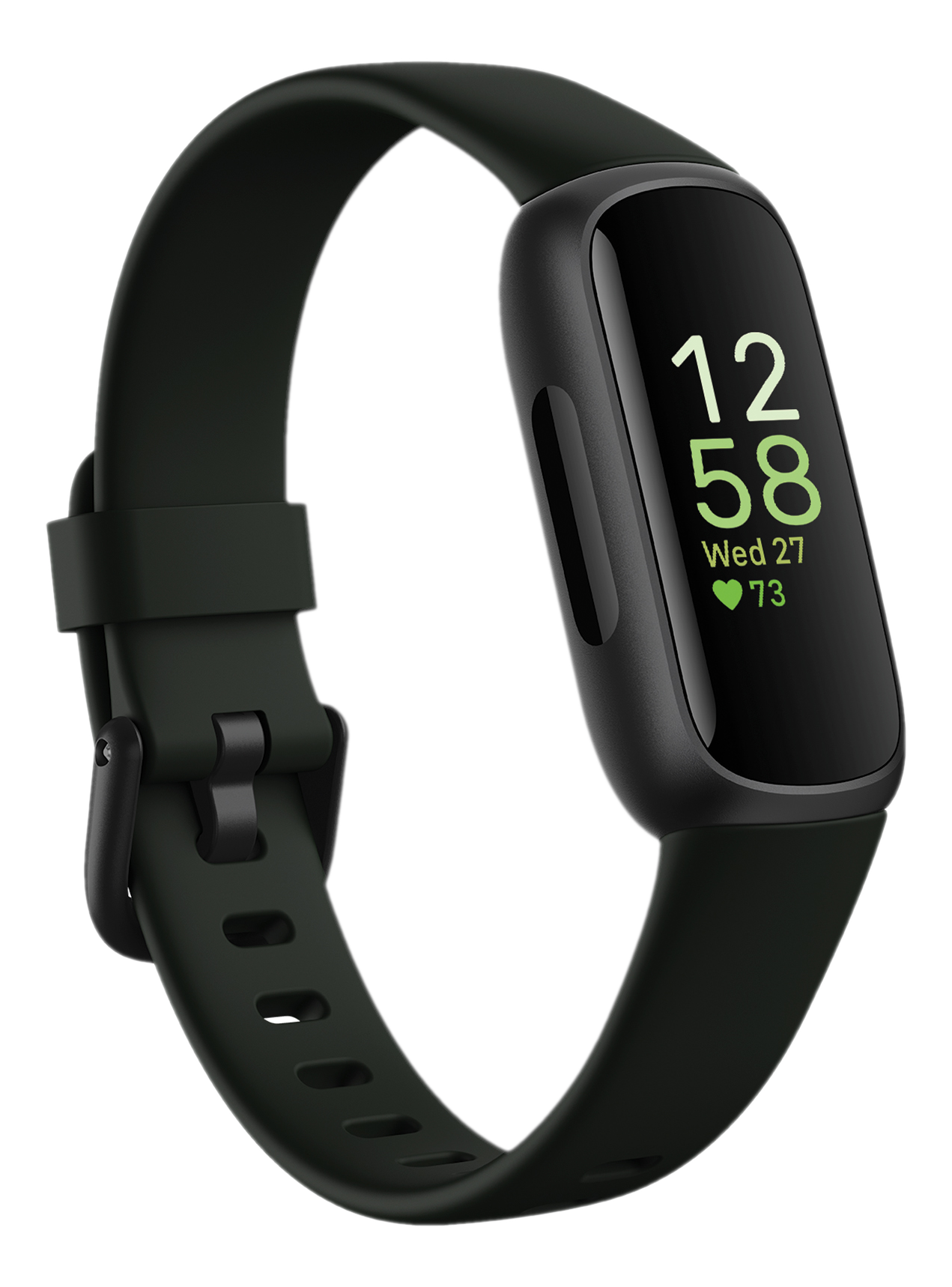 Tracker de fitness noir avec écran vert. Le bracelet est vert foncé et entoure le poignet.