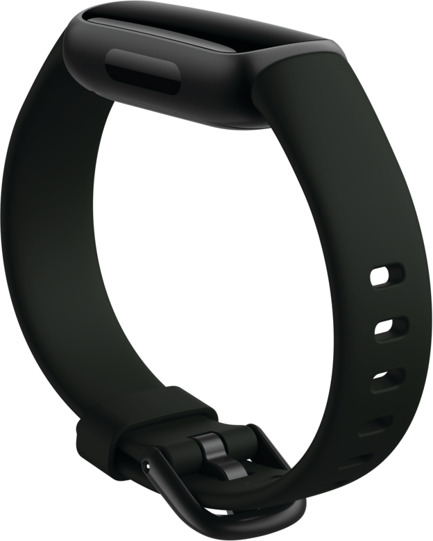 Un bracelet de suivi de fitness Fitbit noir avec une boucle noire. Le bracelet est incurvé et sur fond noir.