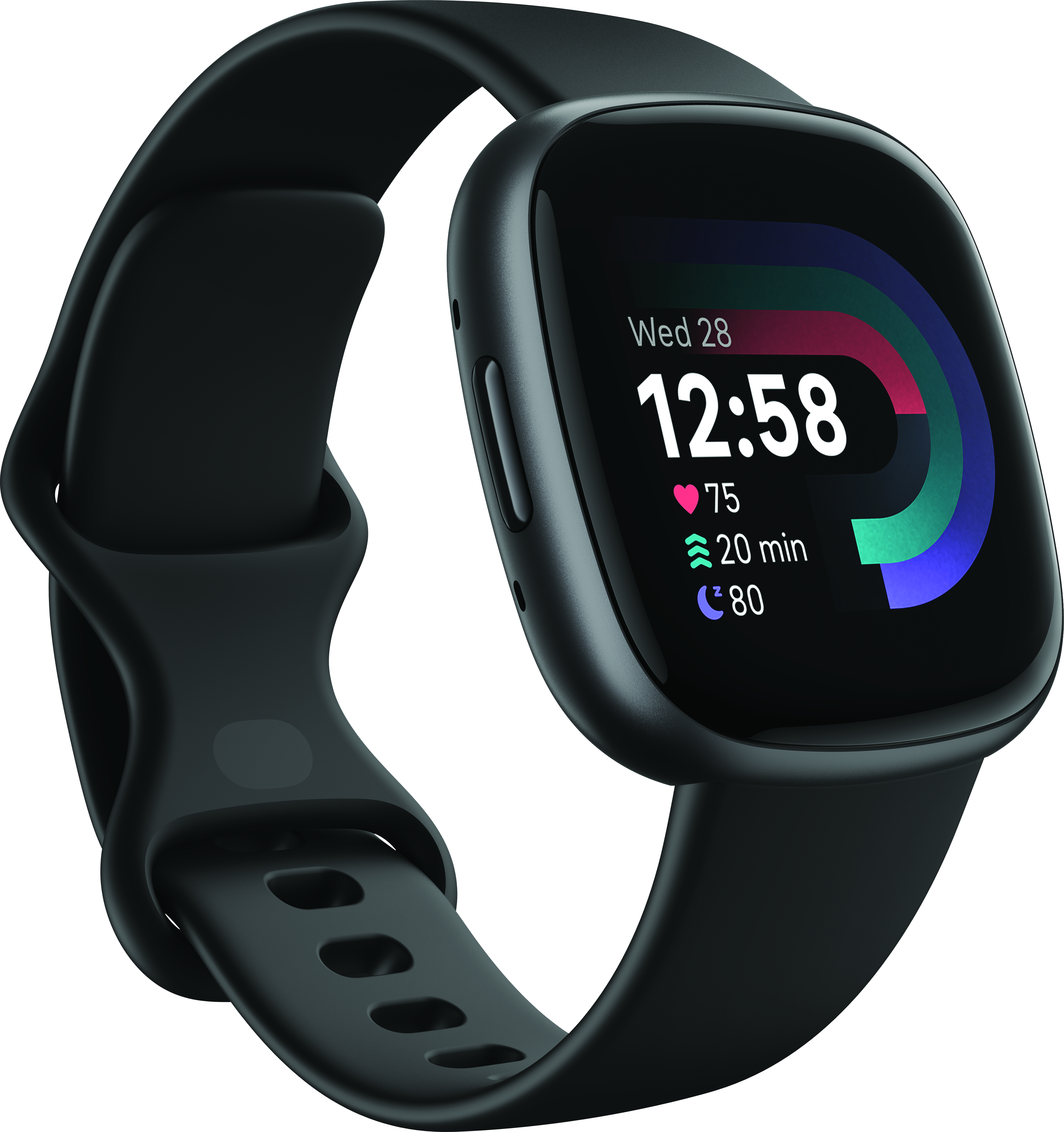 Smartwatch nero con schermo a colori che mostra ora, frequenza cardiaca e dati attività.