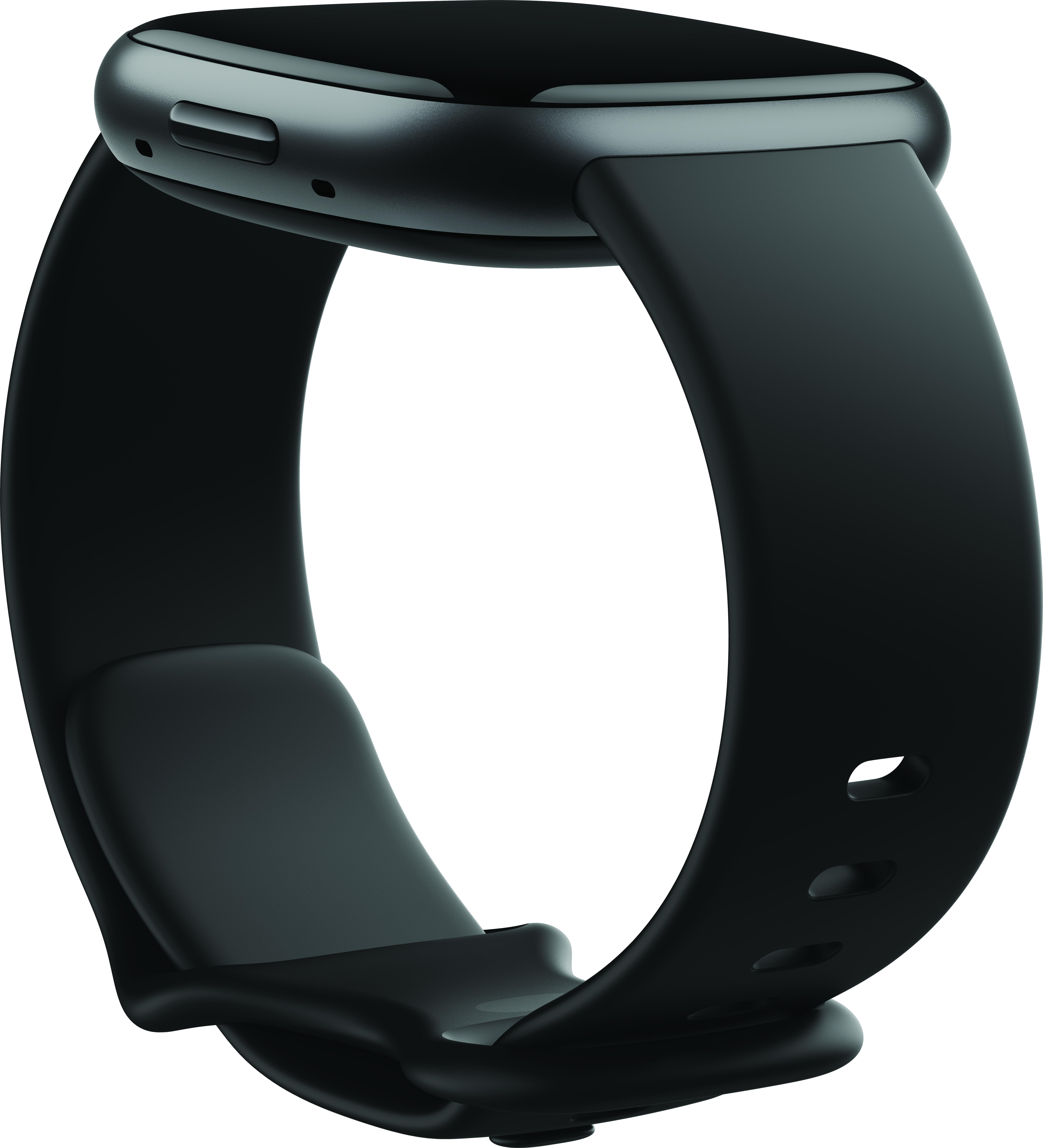 Fitness tracker nero con cinturino curvo. Il tracker ha uno schermo.