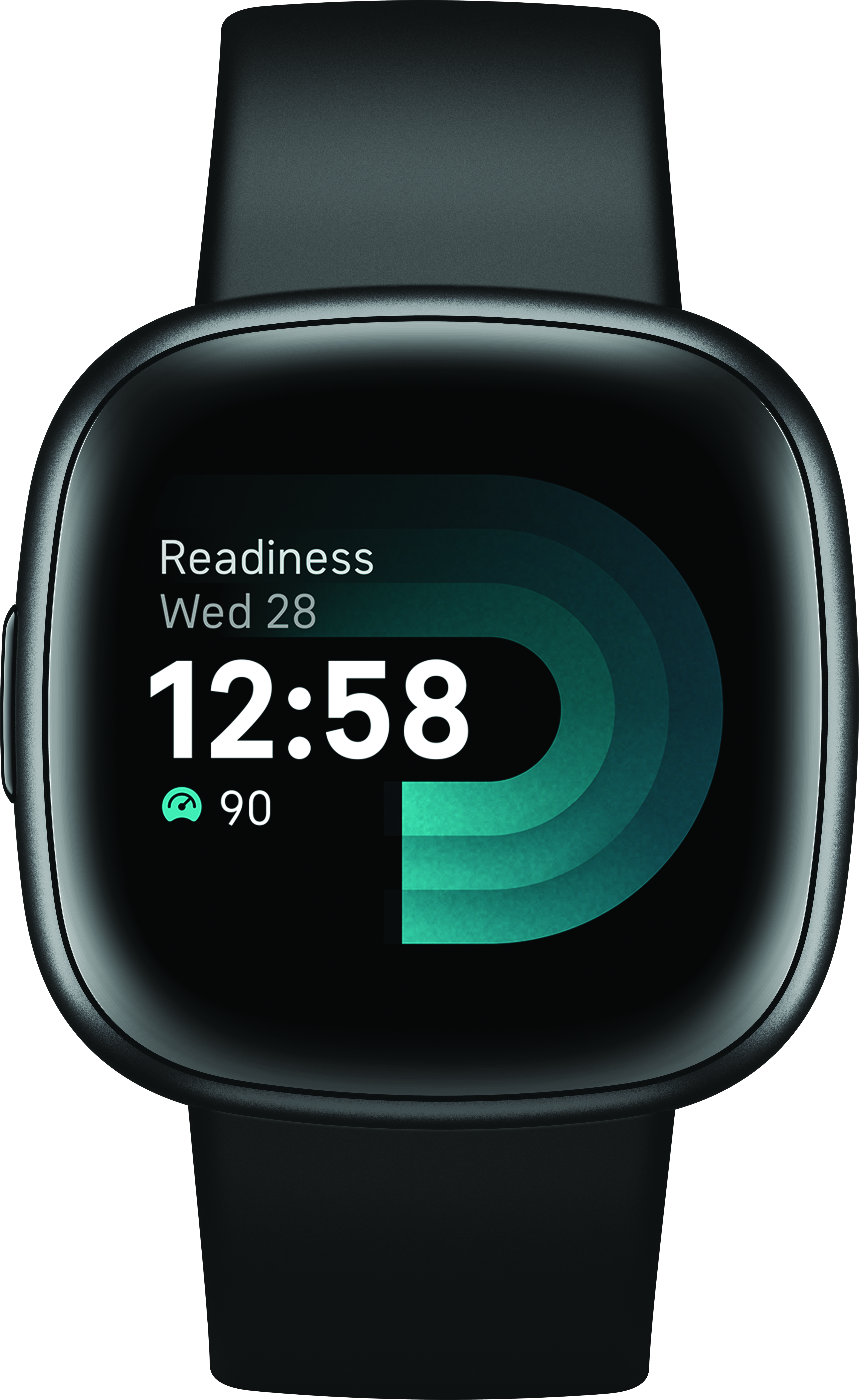 Uno smartwatch nero con schermo scuro che mostra ora, data e metriche di salute, con cinturino nero.