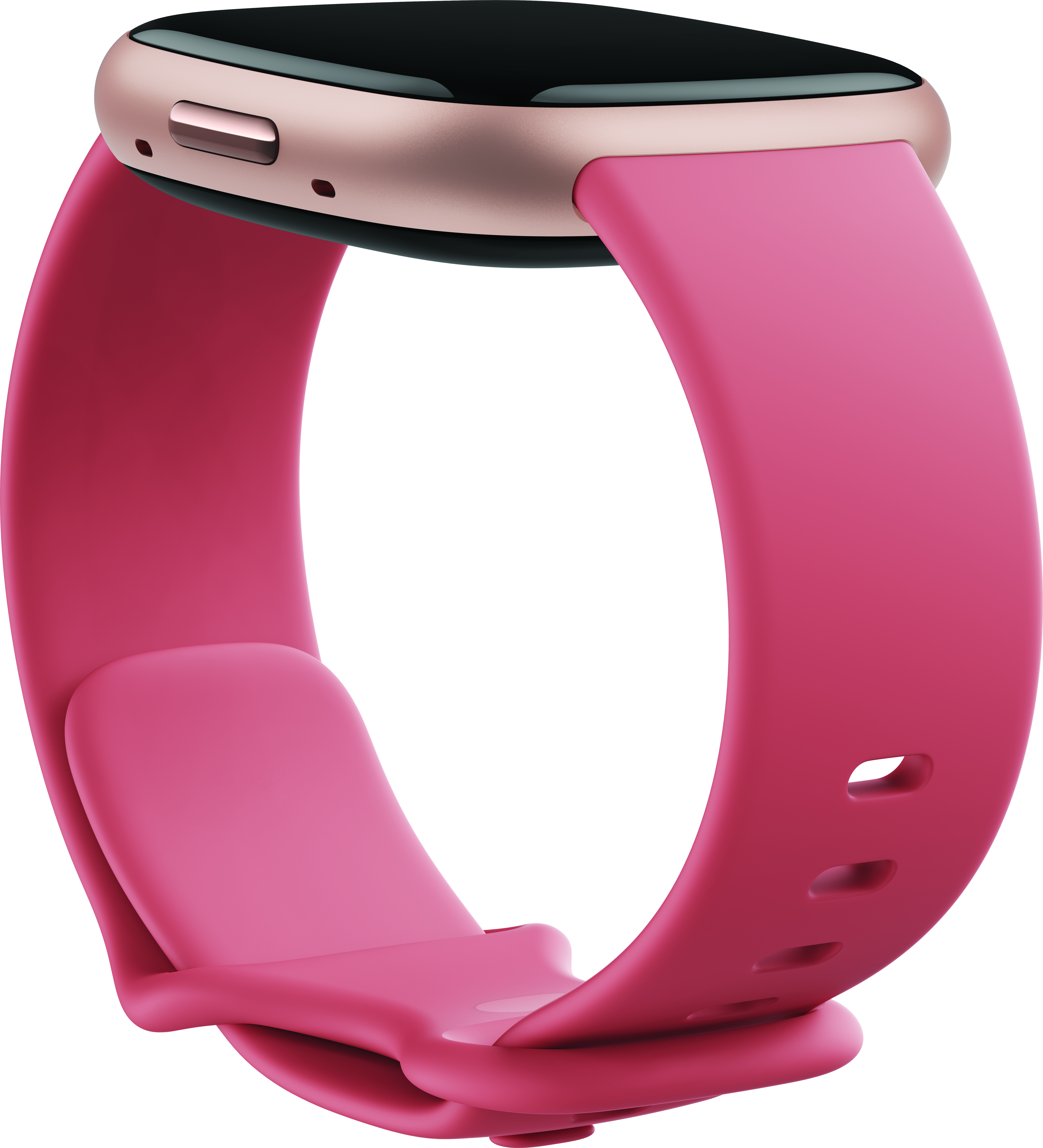 Smartwatch rosa e oro rosa con cinturino rosa.