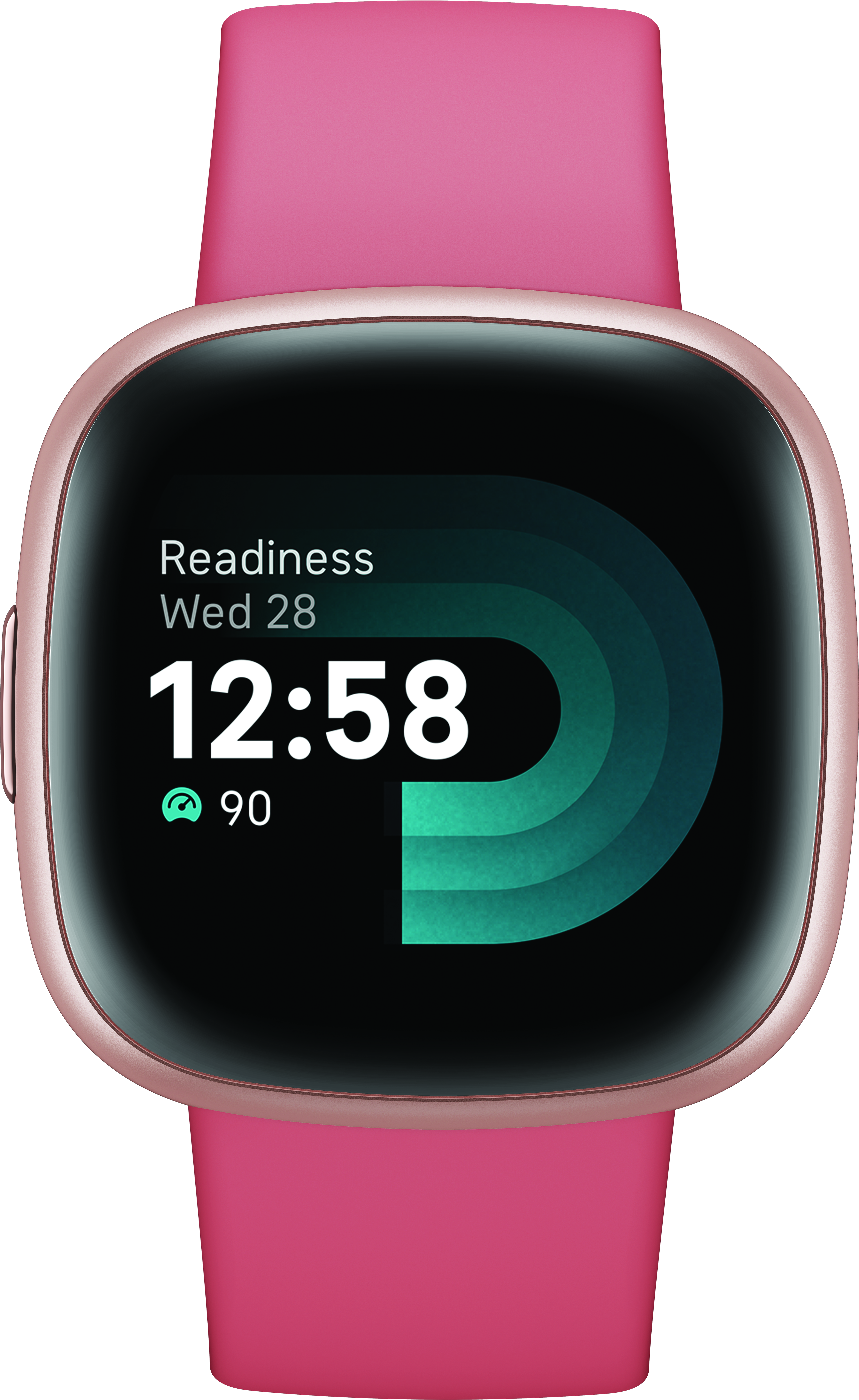 Uno smartwatch rosa con schermo nero che mostra ora, prontezza e frequenza cardiaca, su cinturino rosa.
