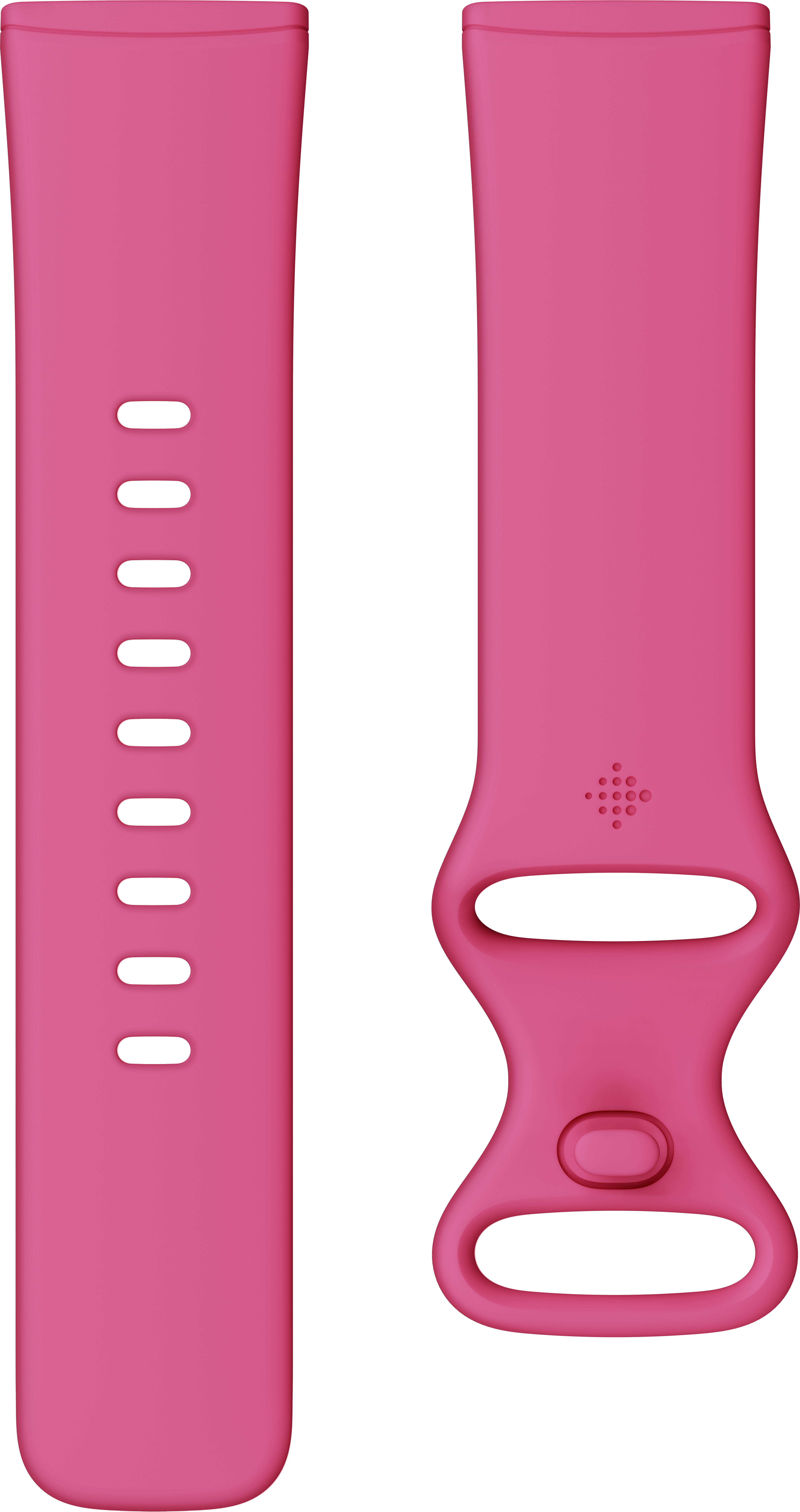 Un paio di cinturini rosa. Uno ha dei fori e uno ha una fibbia.