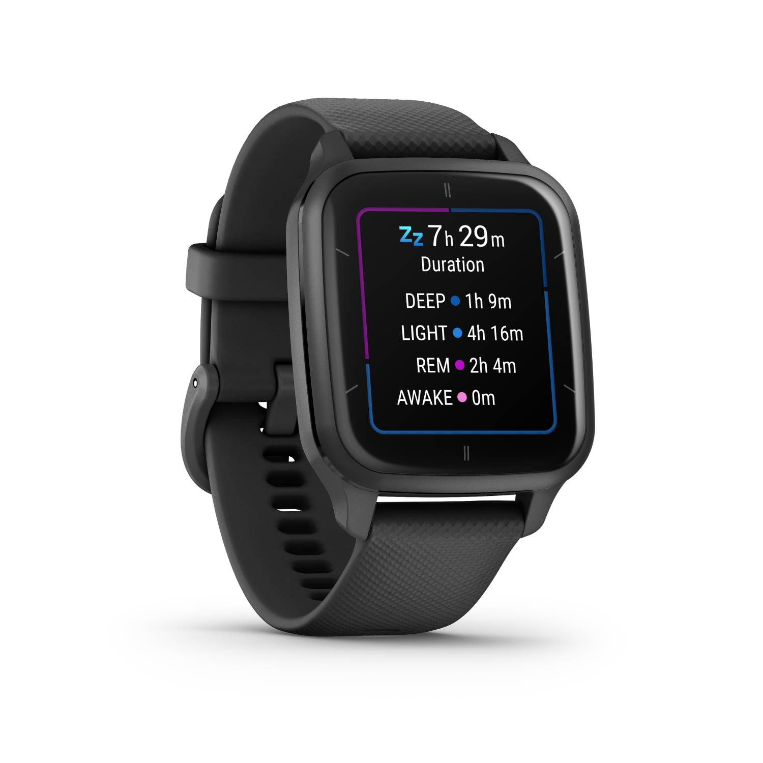 Een zwarte smartwatch die de slaapduur en details laat zien op een zwarte achtergrond.