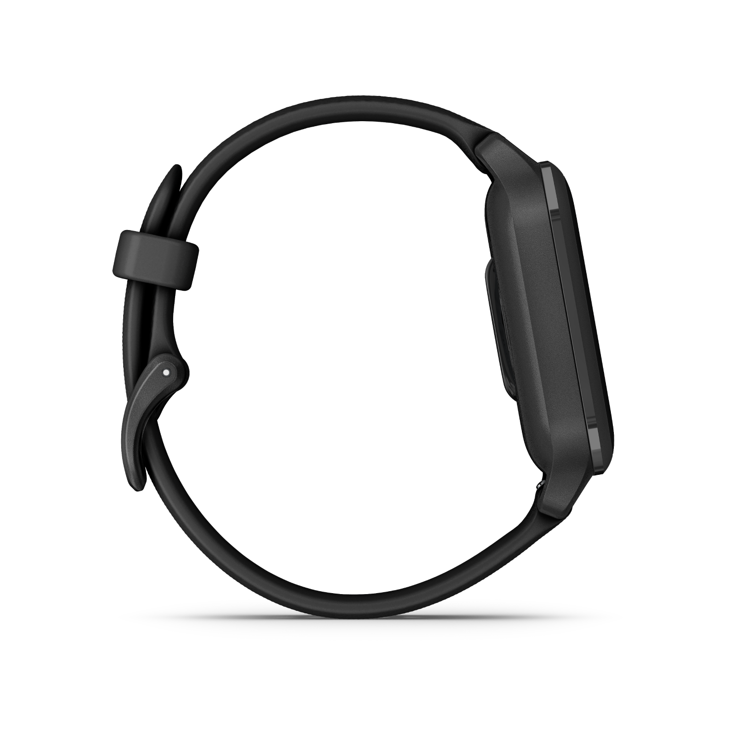 Zwarte smartwatch van de zijkant, met een zwarte band.