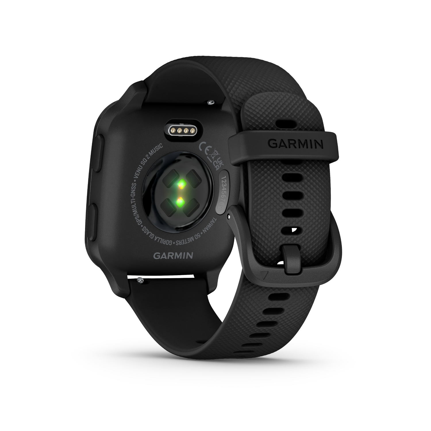 Zwarte smartwatch, achteraanzicht, met sensoren en bandje.