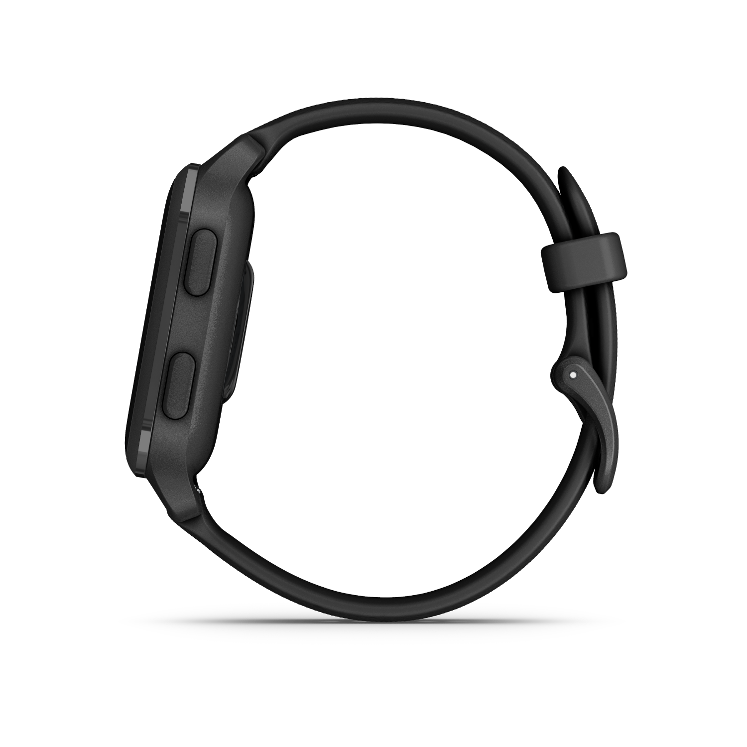 Zwarte smartwatch met zwarte band op zwarte achtergrond.