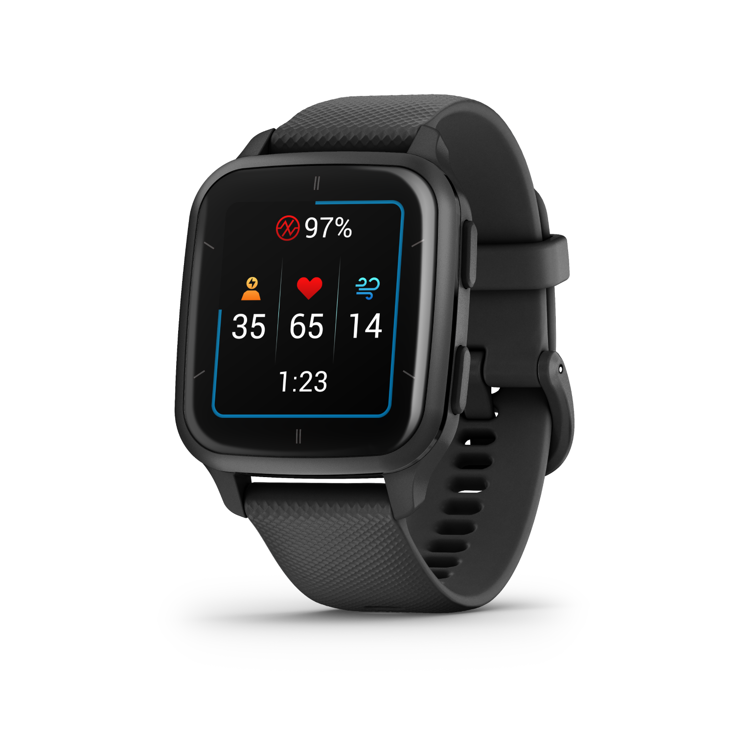 Zwarte smartwatch met weergave van 97%, hartslag, stappen, tijd.