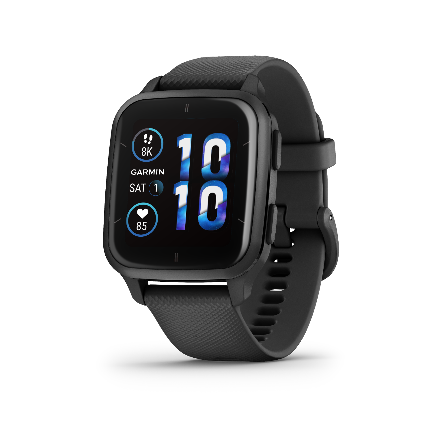 Een zwart Garmin smartwatch met de tijd, stappen en hartslag.