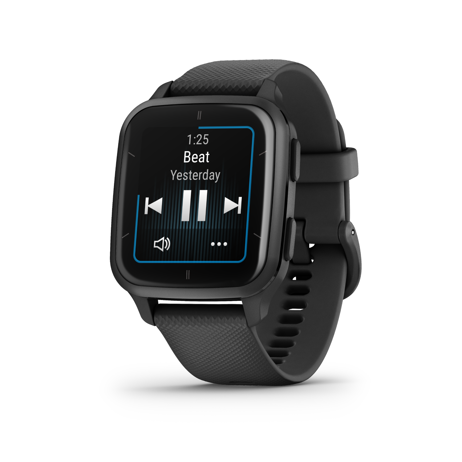 Zwarte smartwatch met muziekbediening; zwarte band; zwarte achtergrond.