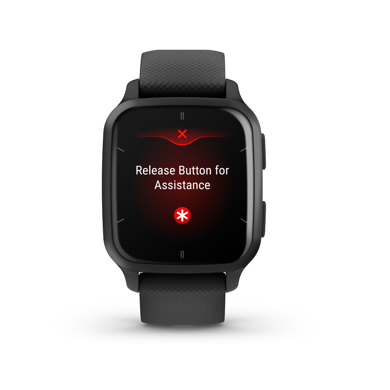 Zwart Garmin horloge met "Release Button for Assistance" in rood op zwarte achtergrond.