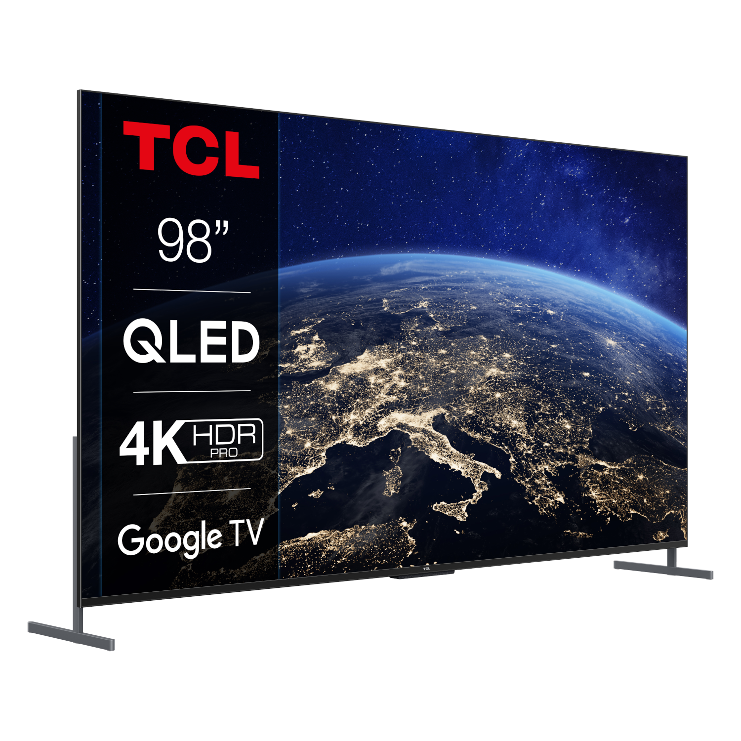Large TCL QLED TV displaying a night sky over a city. 98", 4K HDR PRO, Google TV.